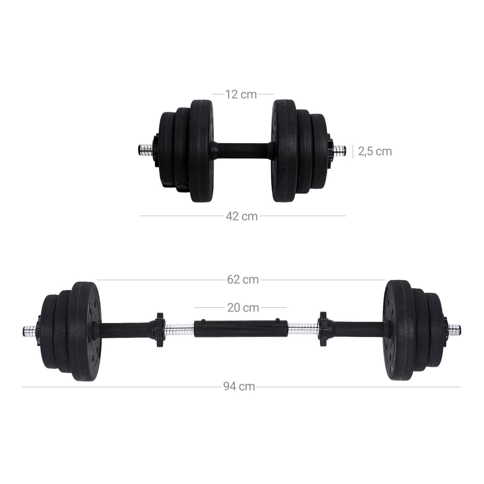 Bobbel Home Verstelbare kunststof halterset - Stalen verbindingsbuis - korte halterset 2x 15 kg - 30 kg - workout Set - Fitness set