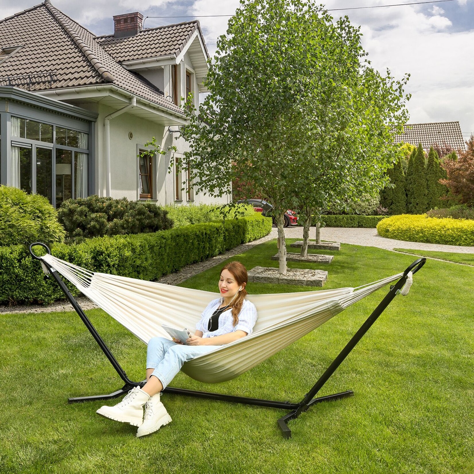 Bobbel Home Bobbel Home Hammock Set with Stand - Outdoor Hammock - Cotton-polyester fabric - Breathable comfort - Sturdy metal frame - 300 cm x 90 cm x 95 cm