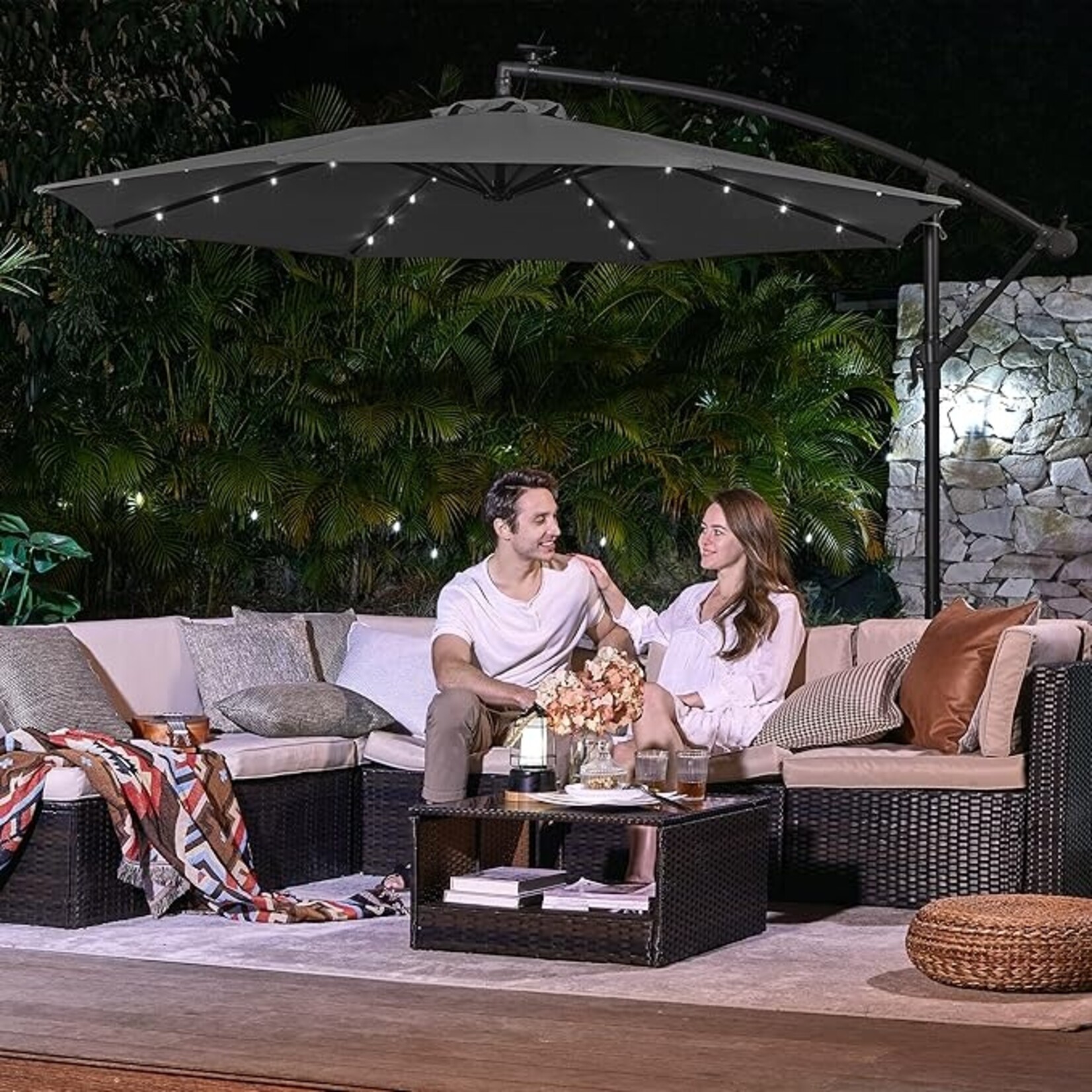 Bobbel Home Zweefparasol met LED - Ø300 cm - UPF 50+ UV Bescherming - Solar Verlichting - Met Draaisysteem - Inclusief Kruisvoet - Grijs