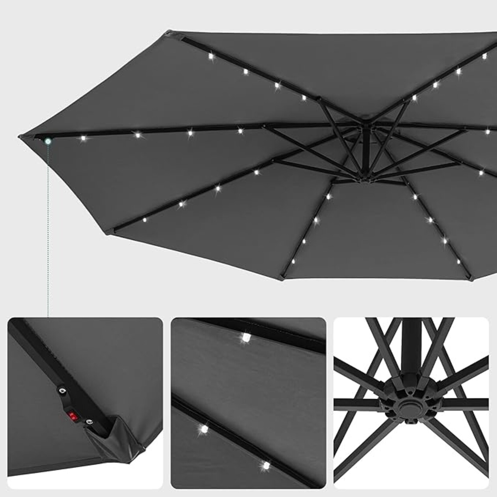 Bobbel Home Zweefparasol met LED - Ø300 cm - UPF 50+ UV Bescherming - Solar Verlichting - Met Draaisysteem - Inclusief Kruisvoet - Grijs