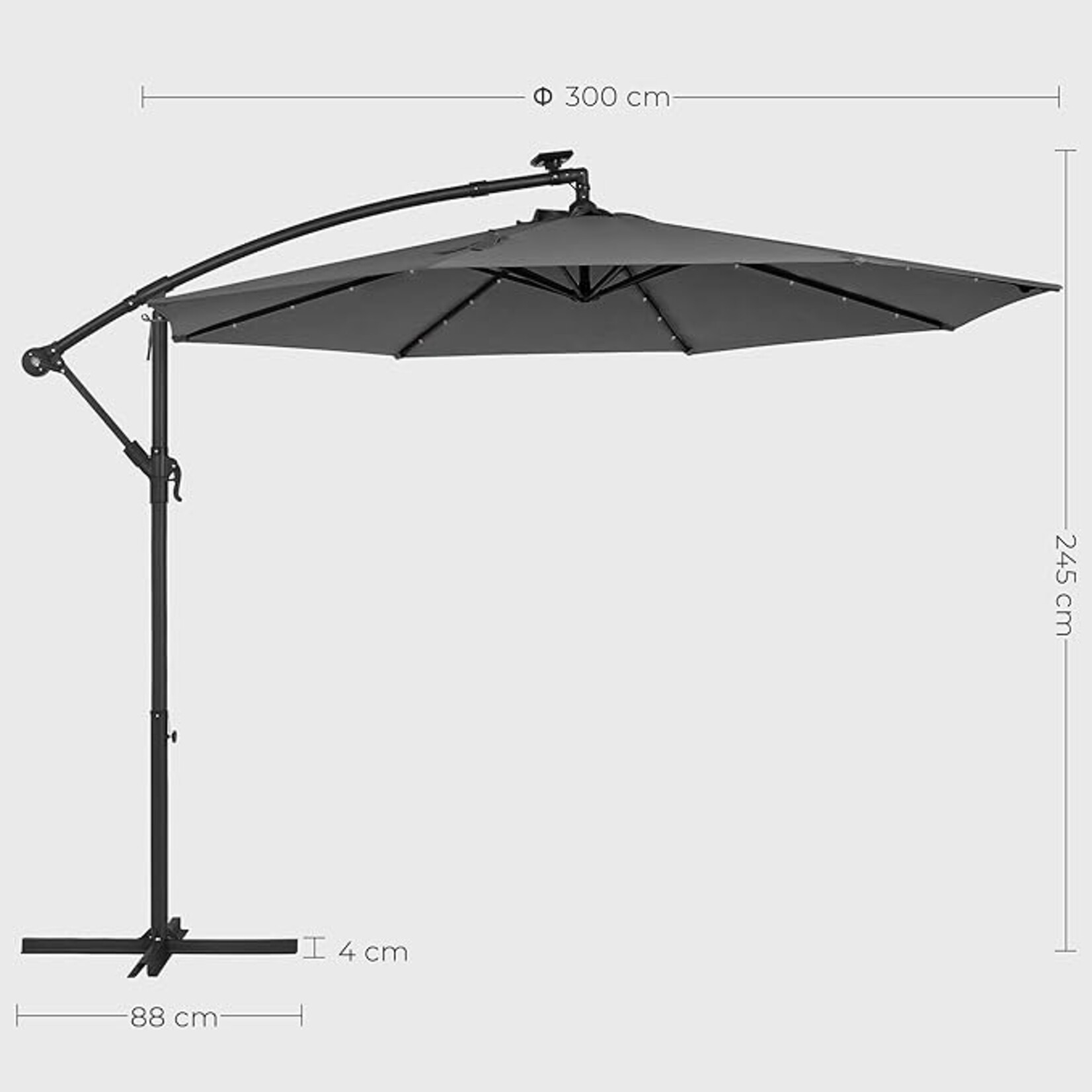 Bobbel Home Zweefparasol met LED - Ø300 cm - UPF 50+ UV Bescherming - Solar Verlichting - Met Draaisysteem - Inclusief Kruisvoet - Grijs