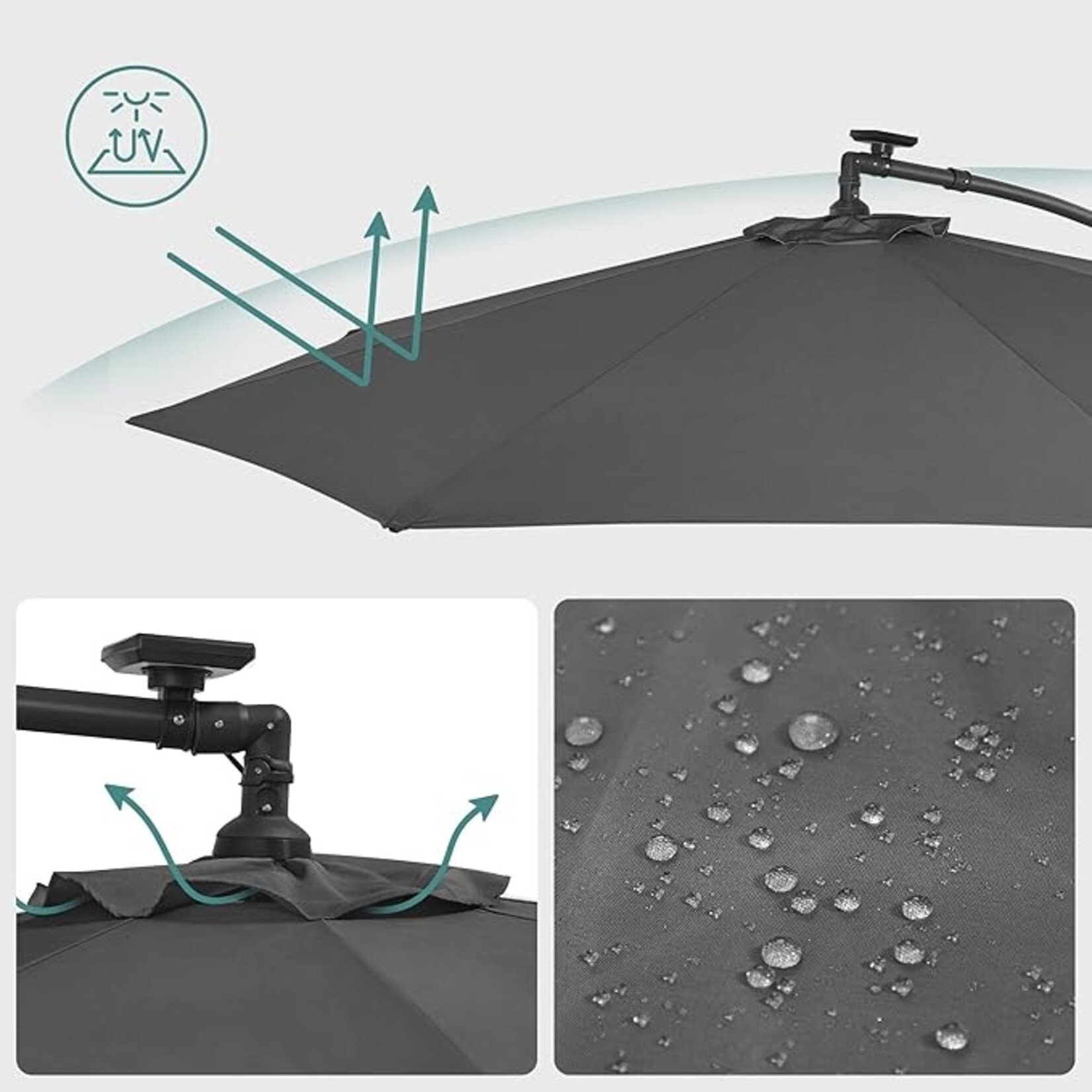 Bobbel Home Zweefparasol met LED - Ø300 cm - UPF 50+ UV Bescherming - Solar Verlichting - Met Draaisysteem - Inclusief Kruisvoet - Grijs