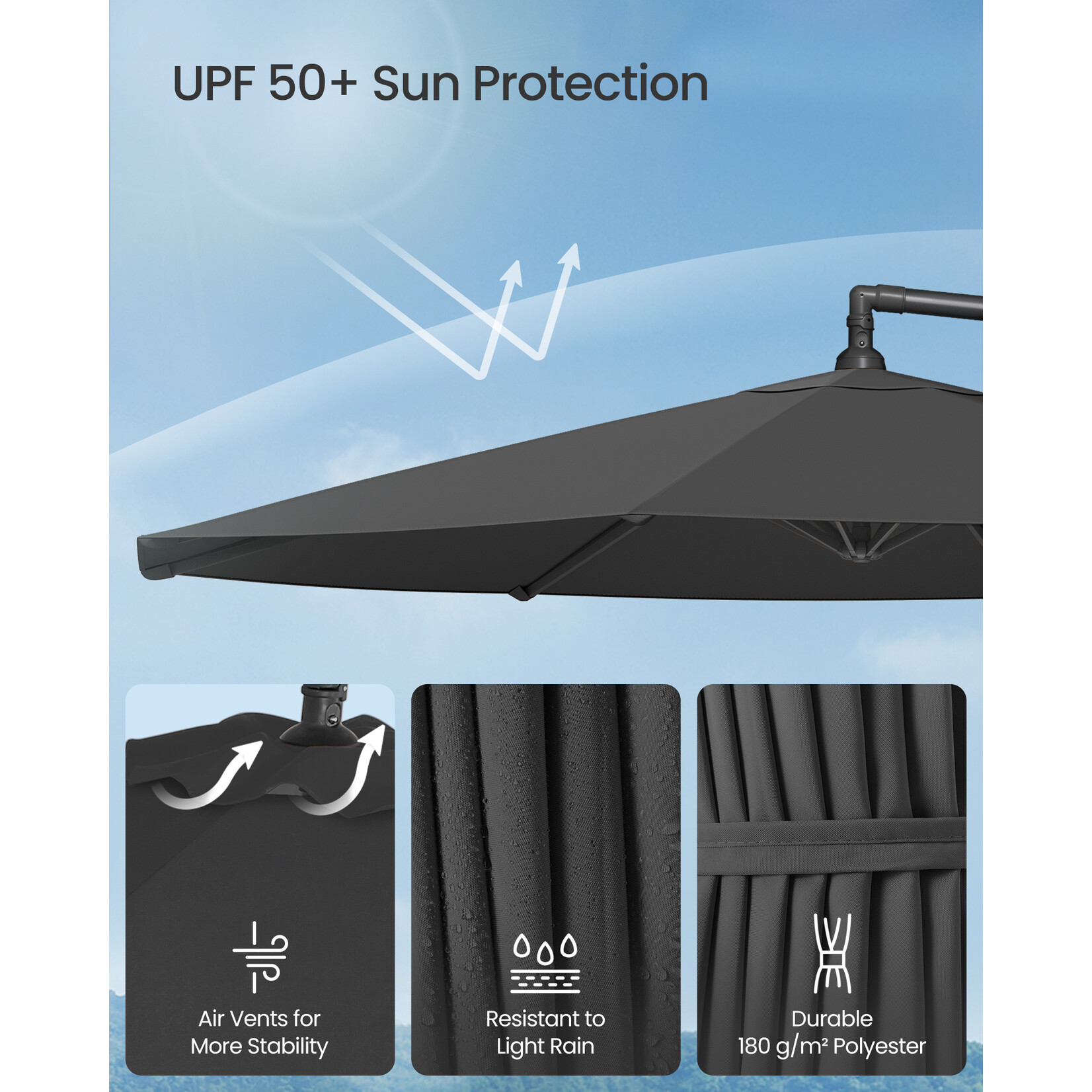 Bobbel Home Bobbel Home Cantilever Parasol - 300 cm - UPF 50+ UV Protection - Crank System - Water Resistant - With Cross Base - Grey