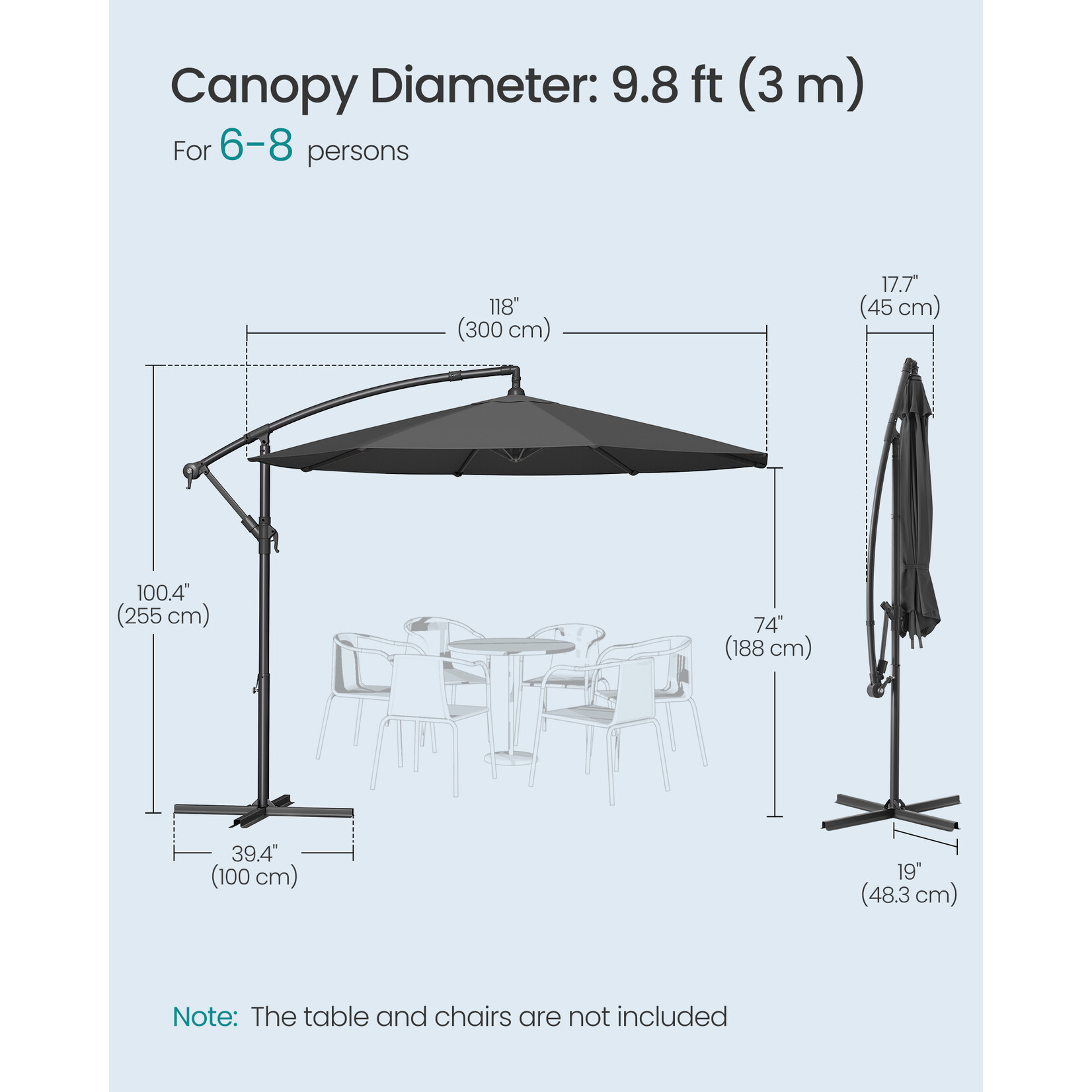 Bobbel Home Bobbel Home Cantilever Parasol - 300 cm - UPF 50+ UV Protection - Crank System - Water Resistant - With Cross Base - Grey