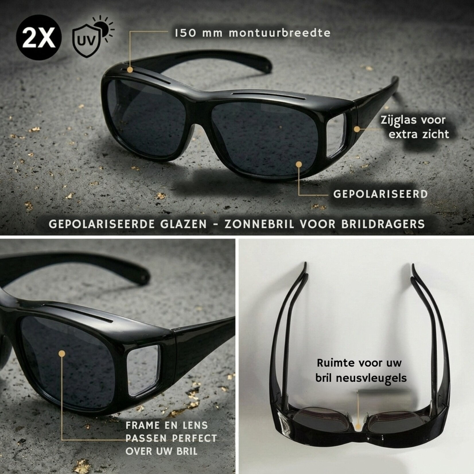 ComfortTreds 2x  Overzetzonnebril Universeel - Gepolariseerde lens - Unisex -  Zwarte glazen - Geschikt voor dames en heren - Montuur breedte 150mm