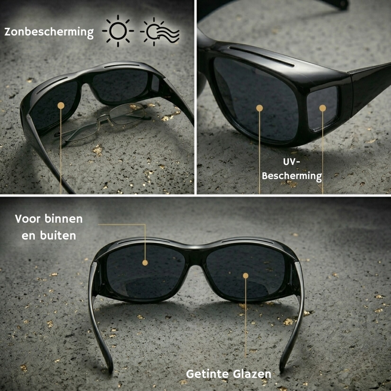 ComfortTreds 2x  Overzetzonnebril Universeel - Gepolariseerde lens - Unisex -  Zwarte glazen - Geschikt voor dames en heren - Montuur breedte 150mm