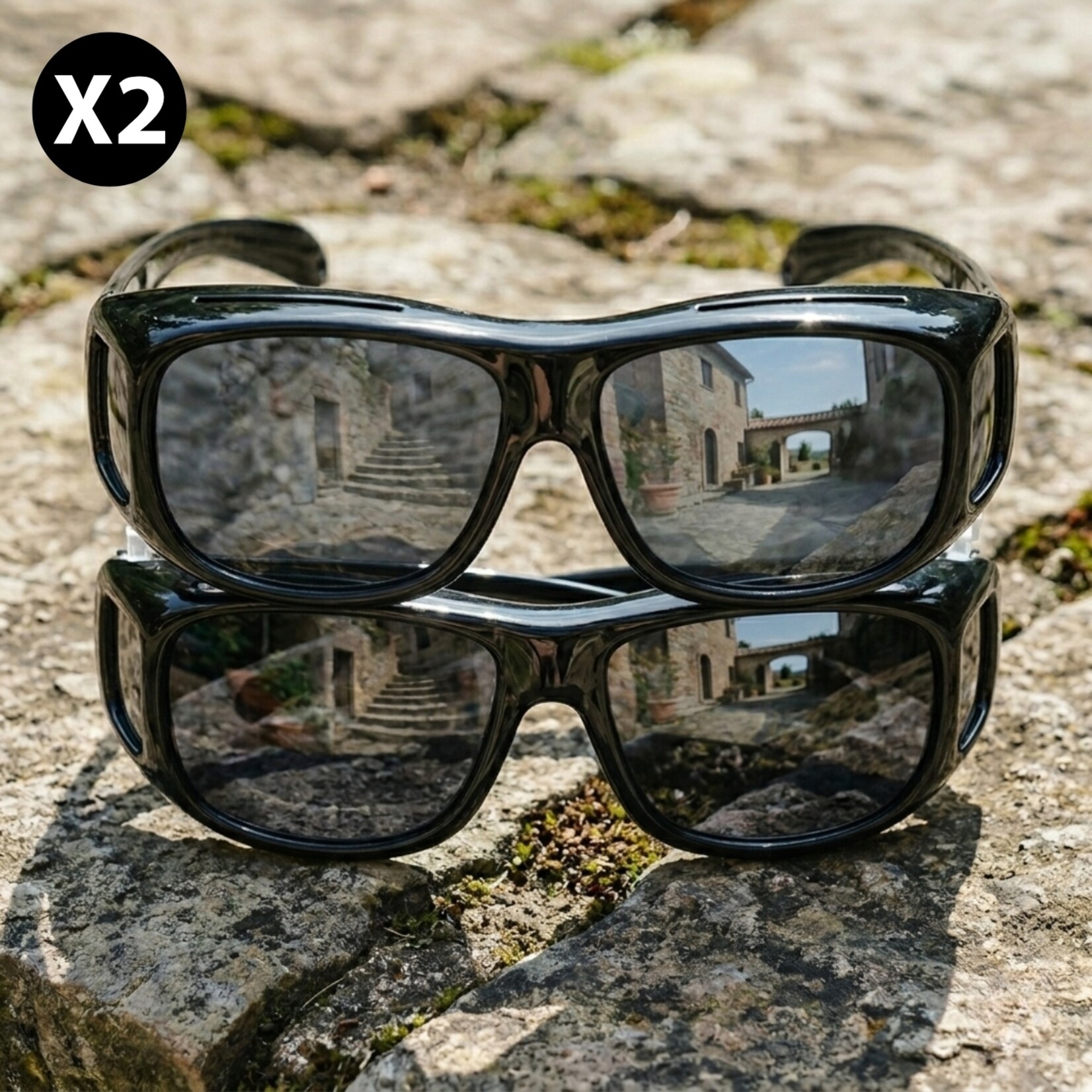 ComfortTreds 2x Universal clip-on sunglasses – Polarised lenses – Unisex – Black lenses – Suitable for men and women – Frame width 150 mm