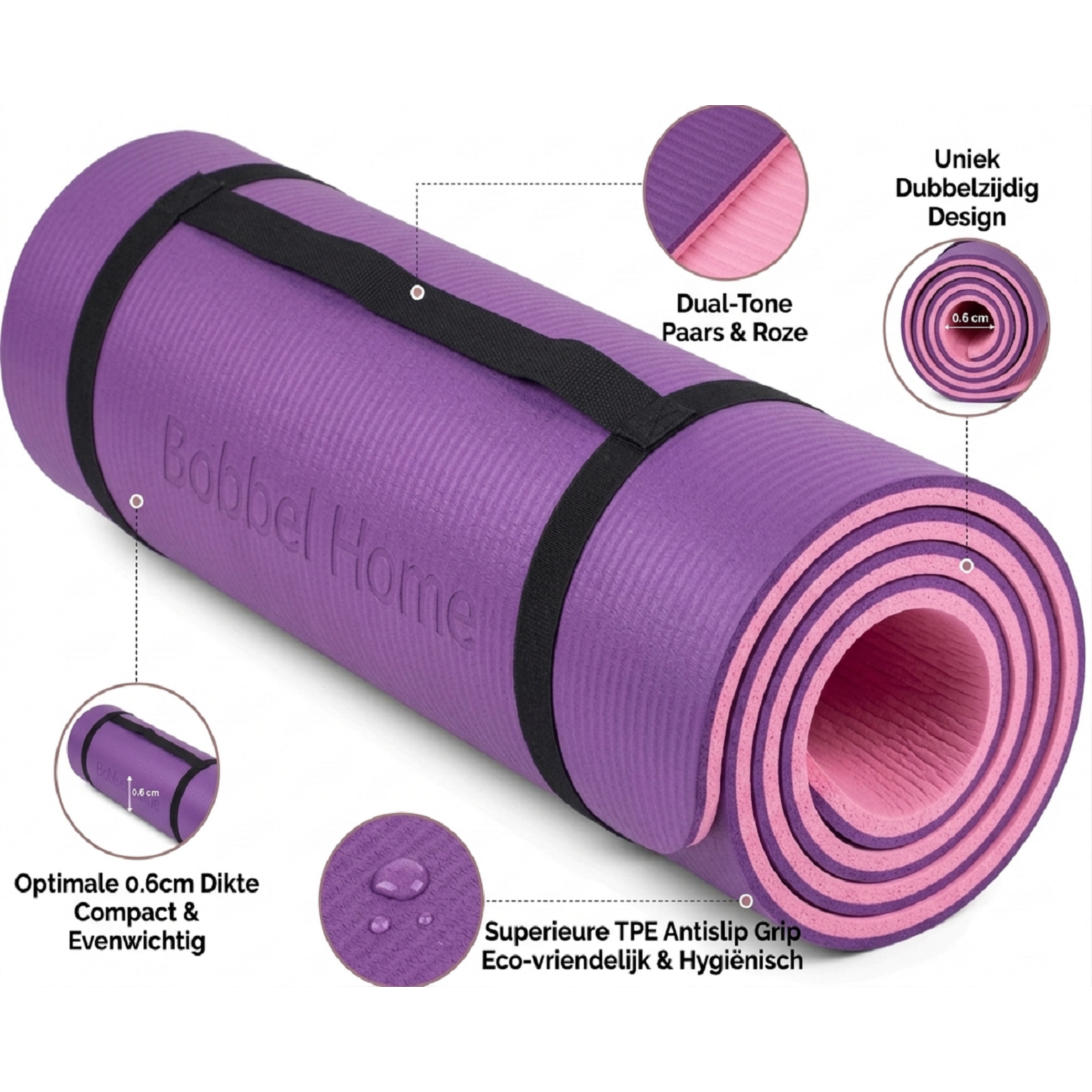 Bobbel Home Bobbel Home Luxury Yoga Mat - TPEAntislip - Fitness Mat for Yoga, Pilates & Home Workouts - 180x60cm - Purple / Pink