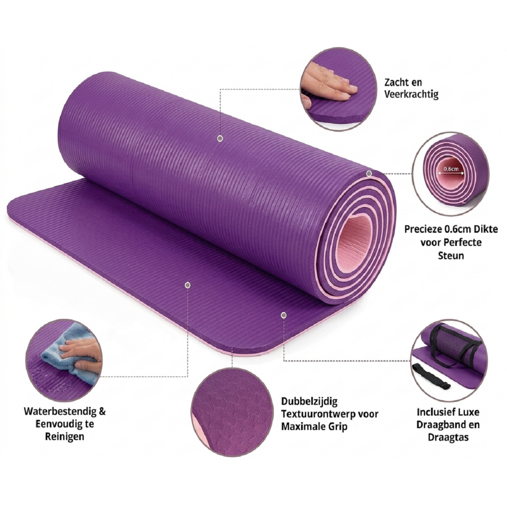 Bobbel Home Bobbel Home Luxe Yogamat - TPEAntislip - Fitnessmat voor Yoga, Pilates & Home Workout - 180x60cm - Paars / Roze
