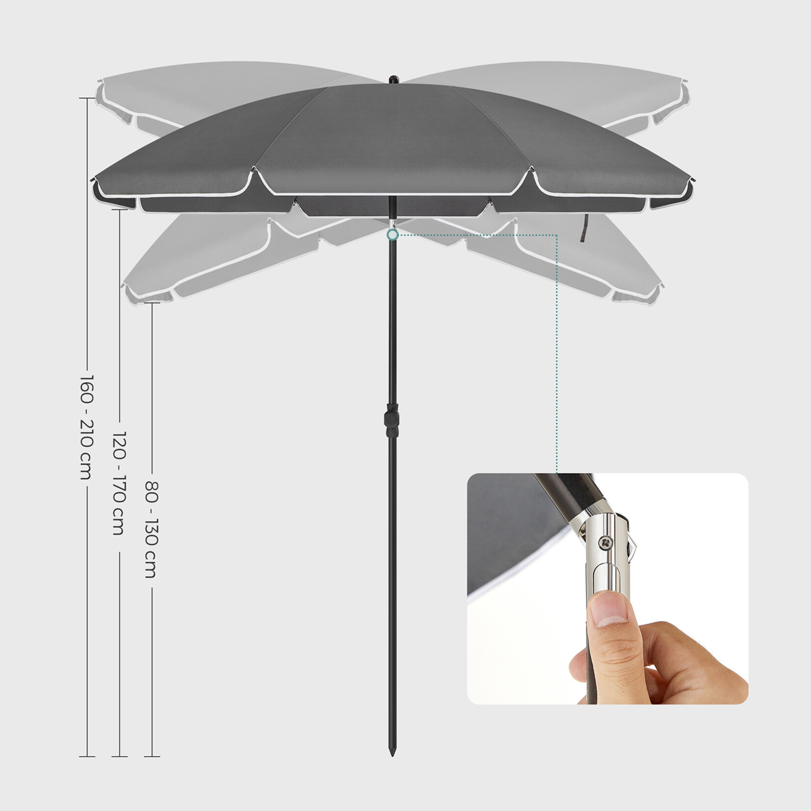 Bobbel Home Beach Parasol Umbrella - 160 cm - UPF 50+ UV Protection - Tilt Function - Lightweight - With Carry Bag - Grey