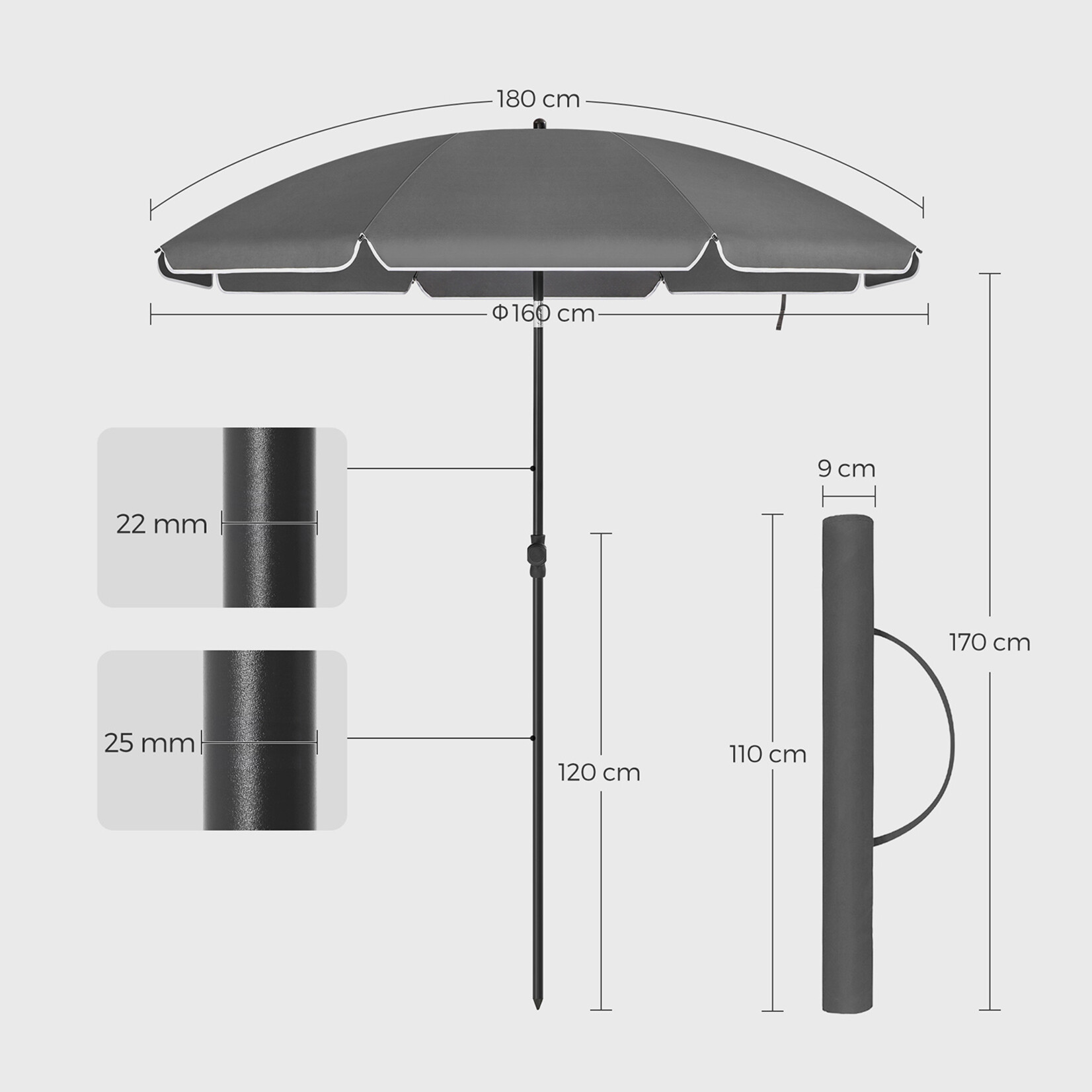 Bobbel Home Parasol Strandparasol - Ø160 cm - UPF 50+ UV Bescherming - Kantelbaar - Lichtgewicht - Inclusief Draagtas - Grijs