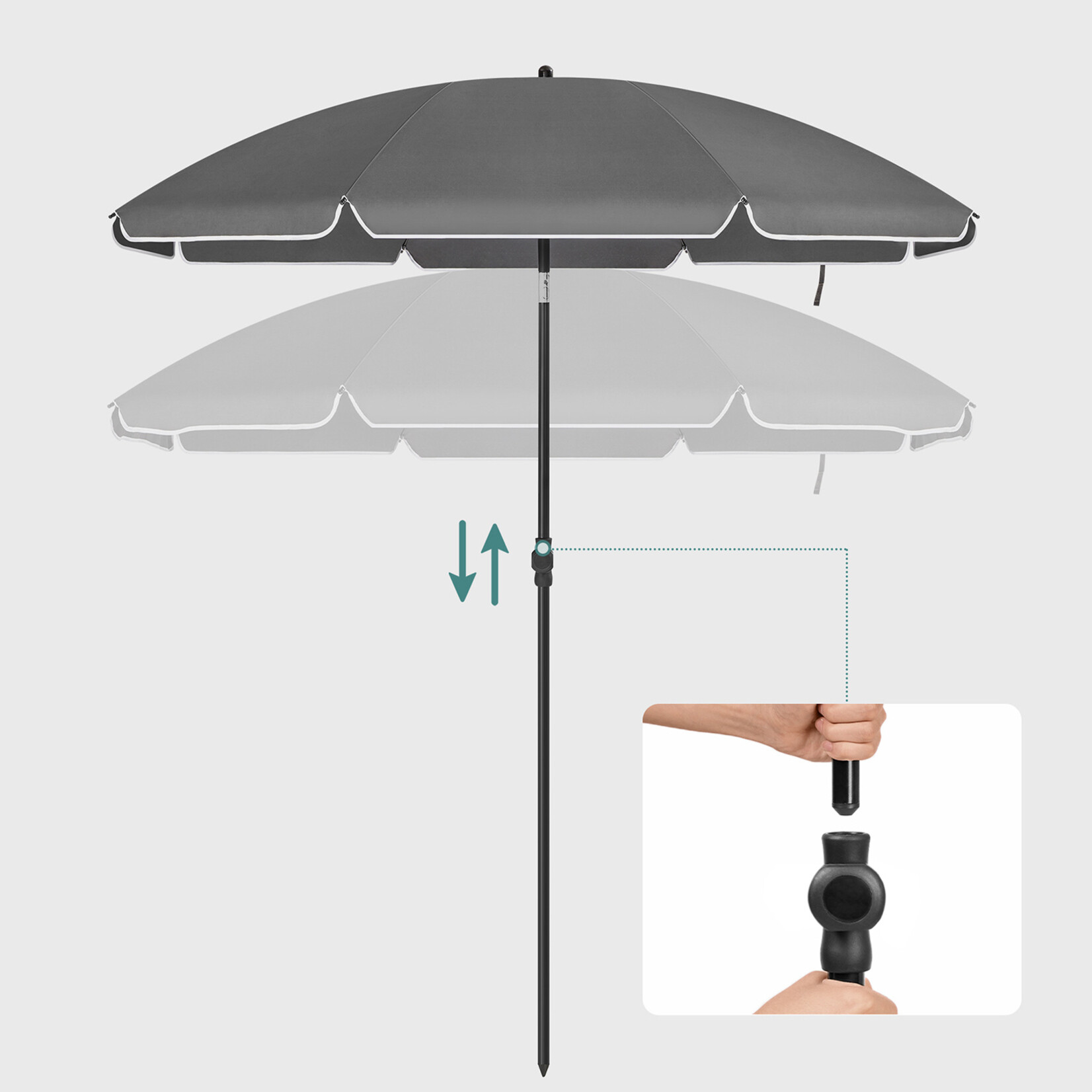 Bobbel Home Beach Parasol Umbrella - 160 cm - UPF 50+ UV Protection - Tilt Function - Lightweight - With Carry Bag - Grey