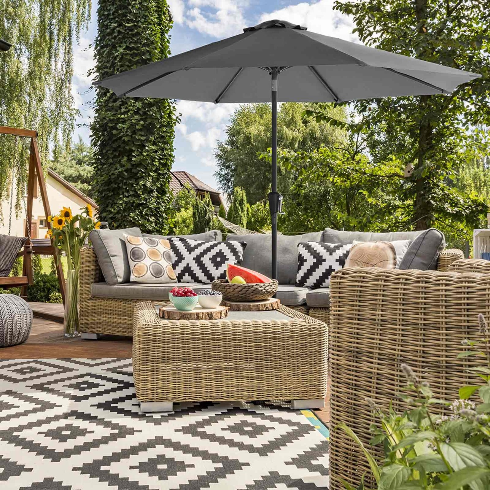 Bobbel Home Garden Parasol Umbrella - 300 cm - UPF 50+ UV Protection - Tilt Function - Crank Handle - Water Resistant - Grey