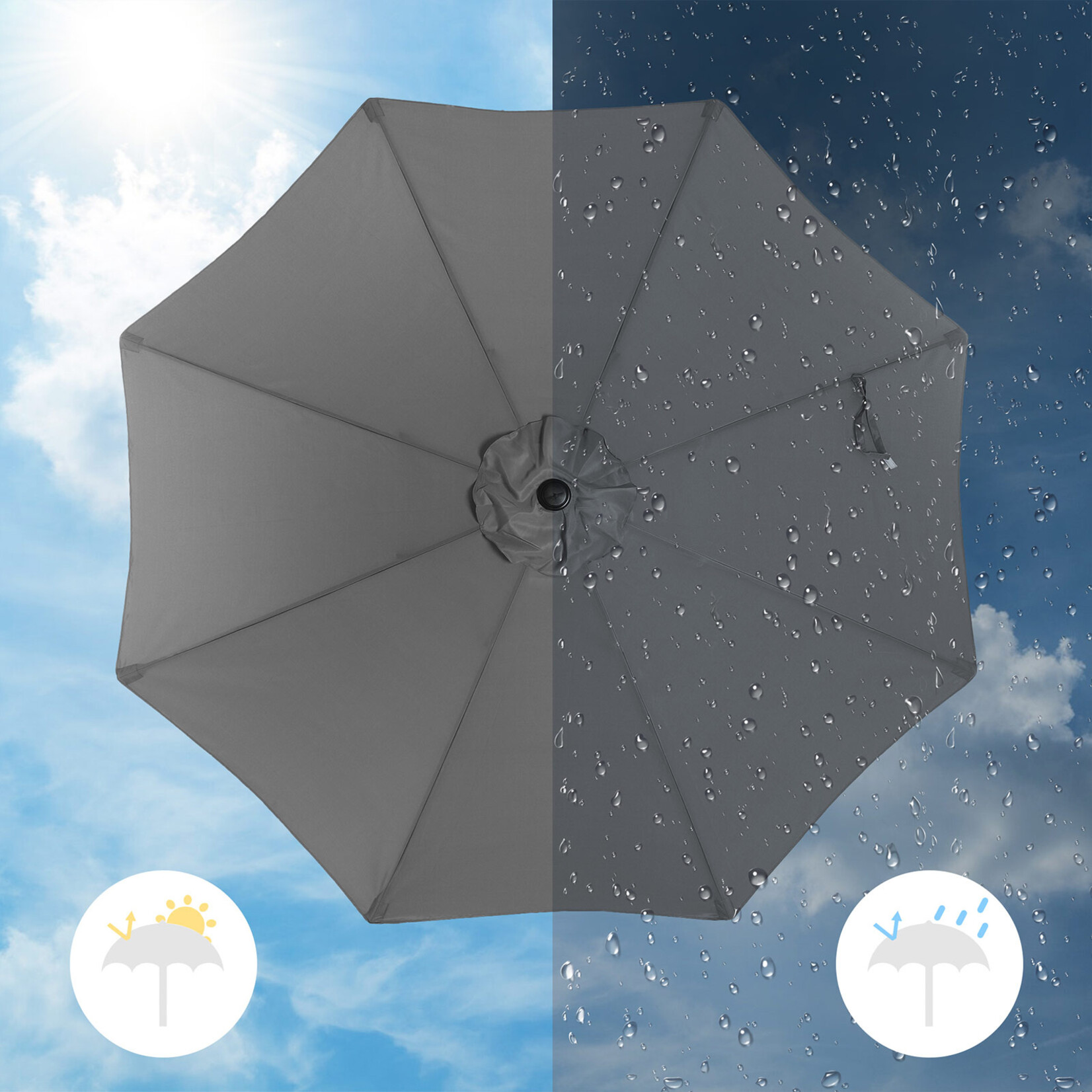 Bobbel Home Garden Parasol Umbrella - 300 cm - UPF 50+ UV Protection - Tilt Function - Crank Handle - Water Resistant - Grey