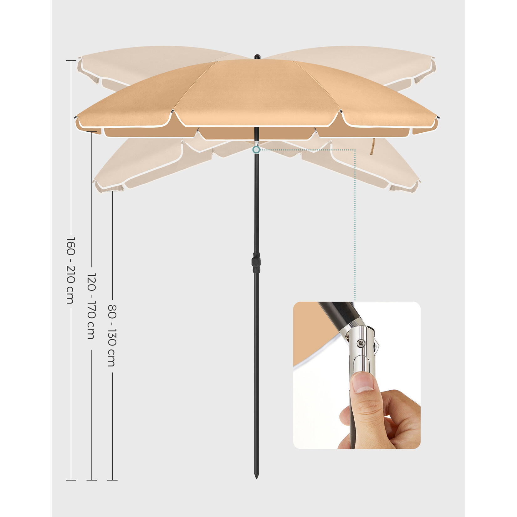 Bobbel Home Beach Parasol Umbrella - 160 cm - UPF 50+ UV Protection - Tilt Function - Lightweight - With Carry Bag - Taupe