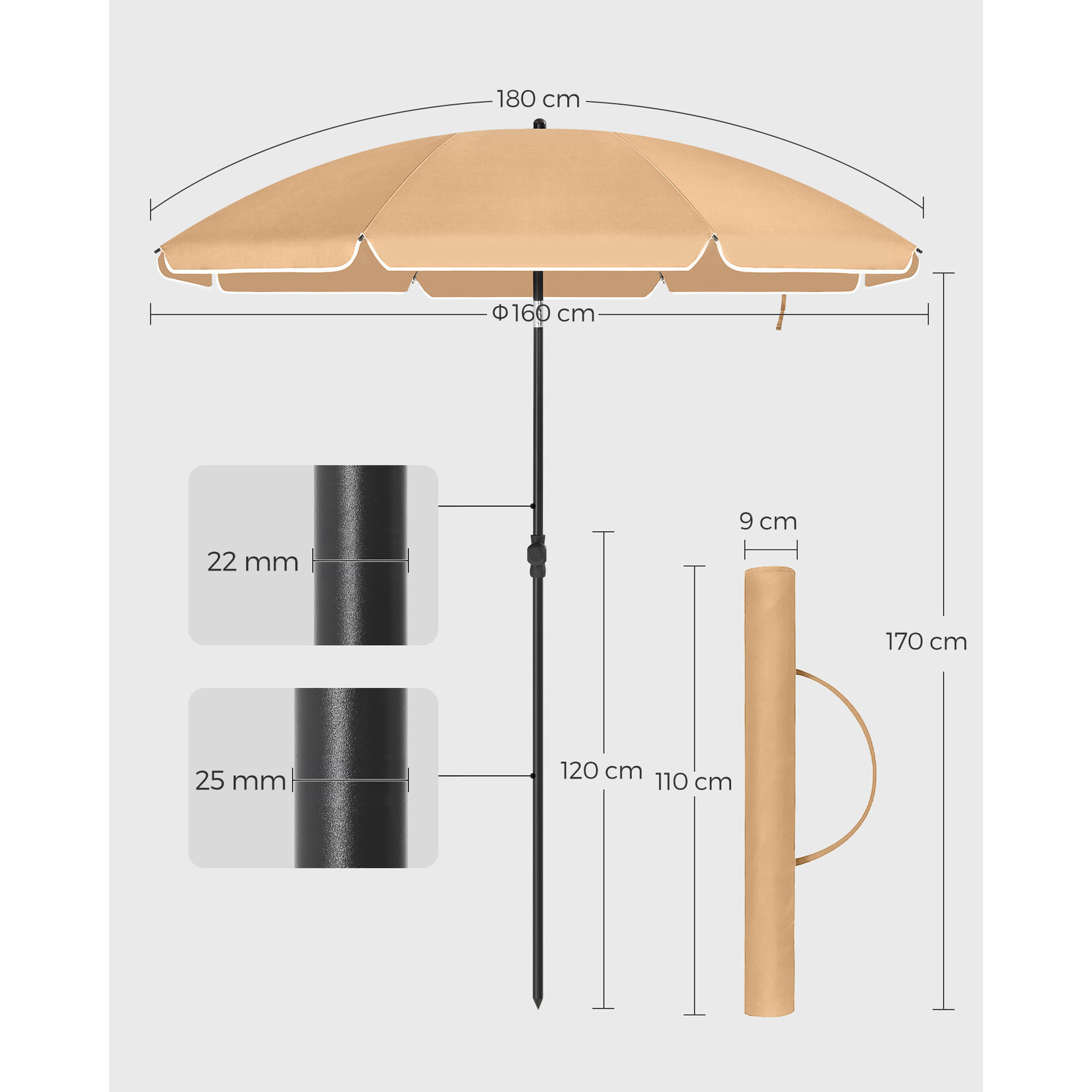 Bobbel Home Parasol Strandparasol - Ø160 cm - UPF 50+ UV Bescherming - Kantelbaar - Lichtgewicht - Inclusief Draagtas - Taupe