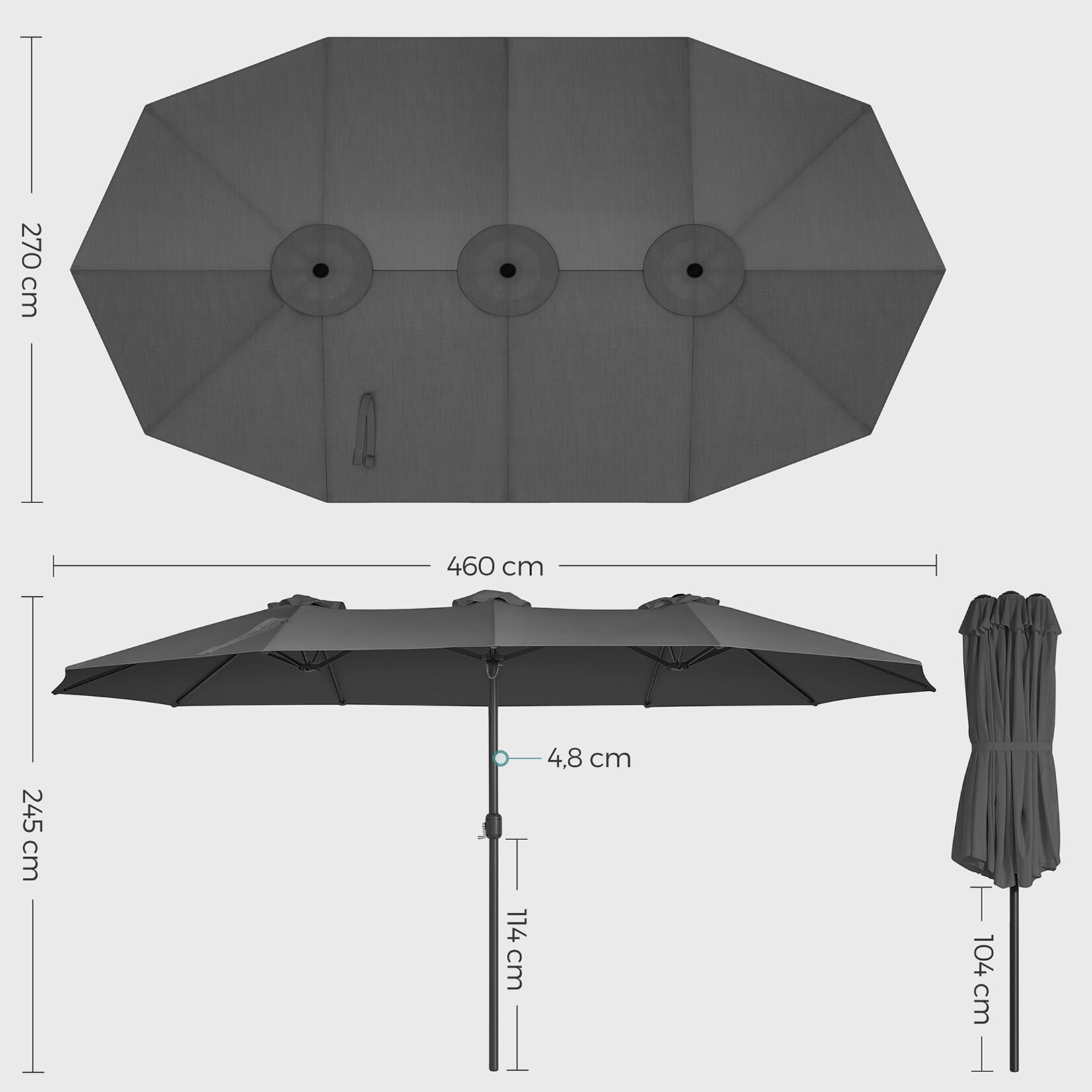 Bobbel Home Double Patio Parasol - 460 x 270 cm - UPF 50+ UV Protection - Crank System - Extra Large - Water Resistant - Grey
