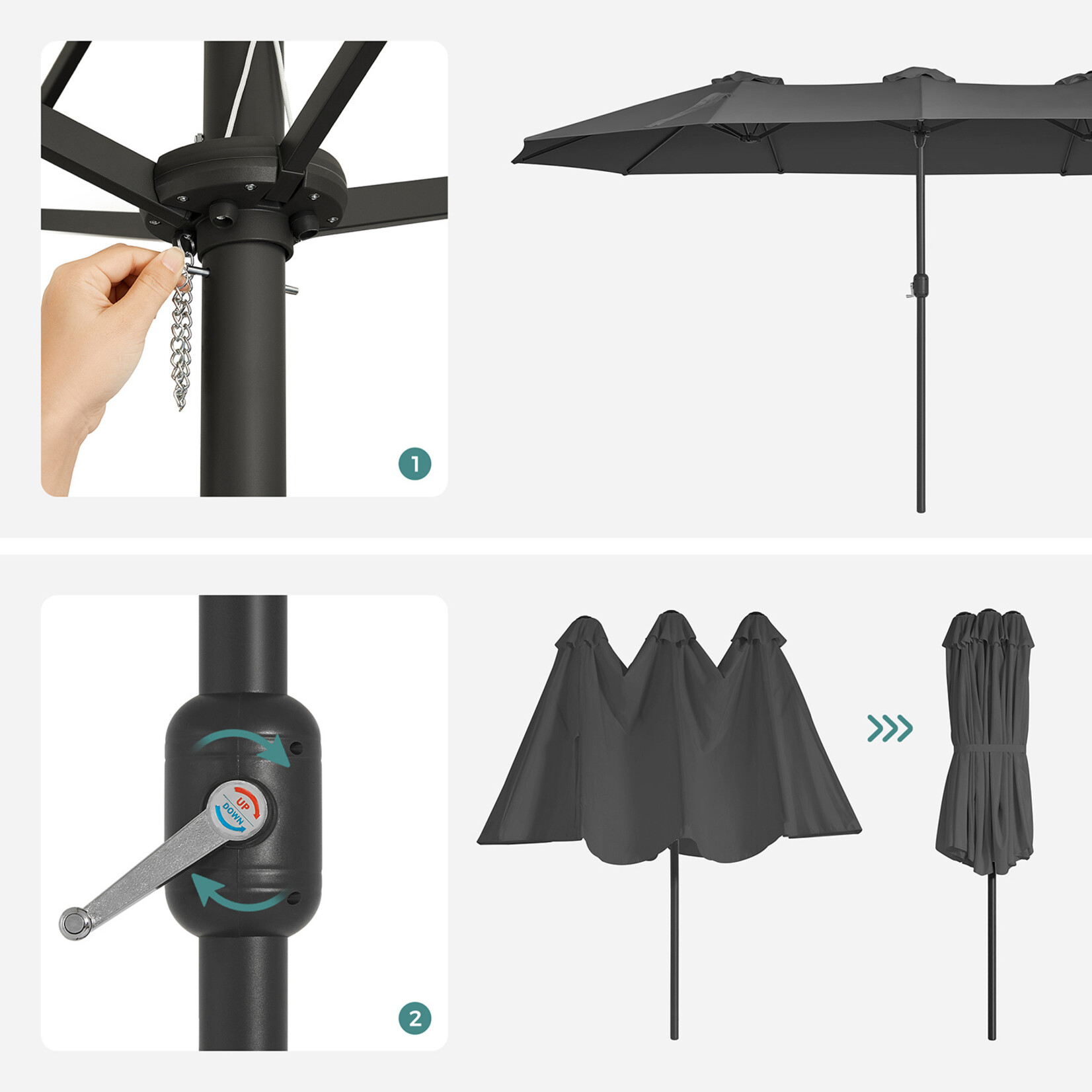 Bobbel Home Double Patio Parasol - 460 x 270 cm - UPF 50+ UV Protection - Crank System - Extra Large - Water Resistant - Grey