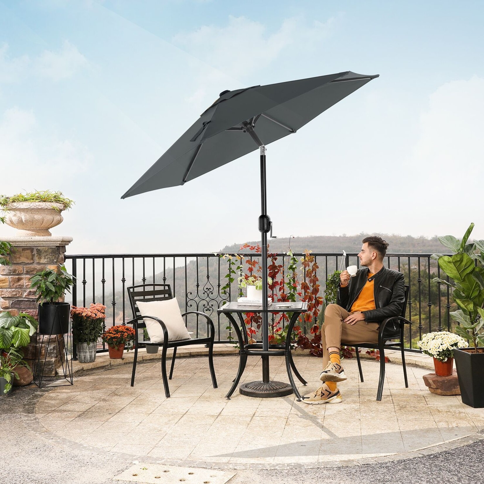 Bobbel Home Garden Parasol Umbrella - 200 cm - UPF 50+ UV Protection - Tilt Function - Crank Handle - Water Resistant - Grey