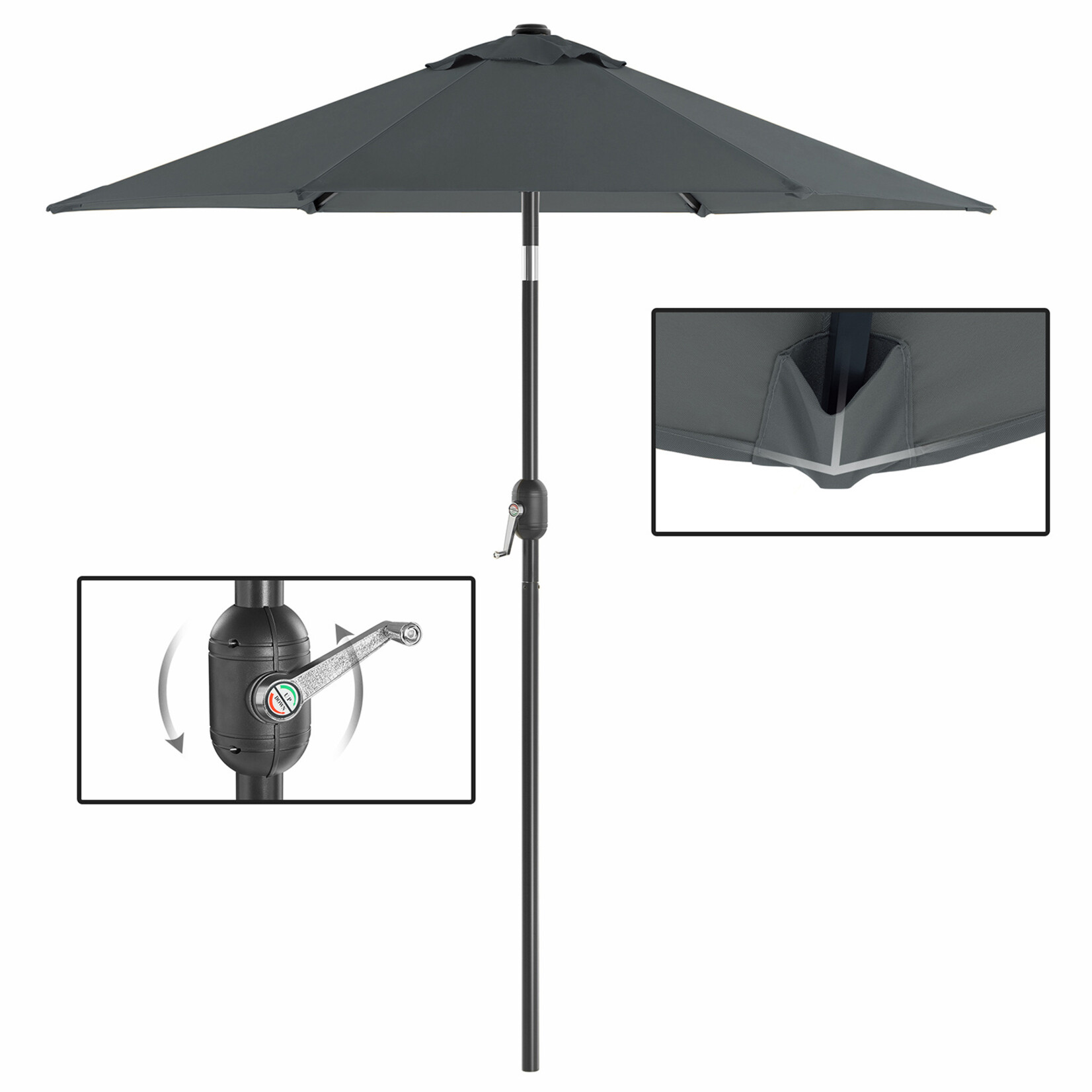 Bobbel Home Garden Parasol Umbrella - 200 cm - UPF 50+ UV Protection - Tilt Function - Crank Handle - Water Resistant - Grey