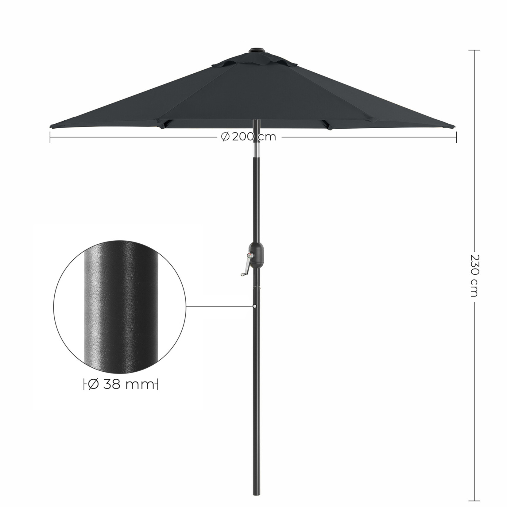 Bobbel Home Garden Parasol Umbrella - 200 cm - UPF 50+ UV Protection - Tilt Function - Crank Handle - Water Resistant - Grey
