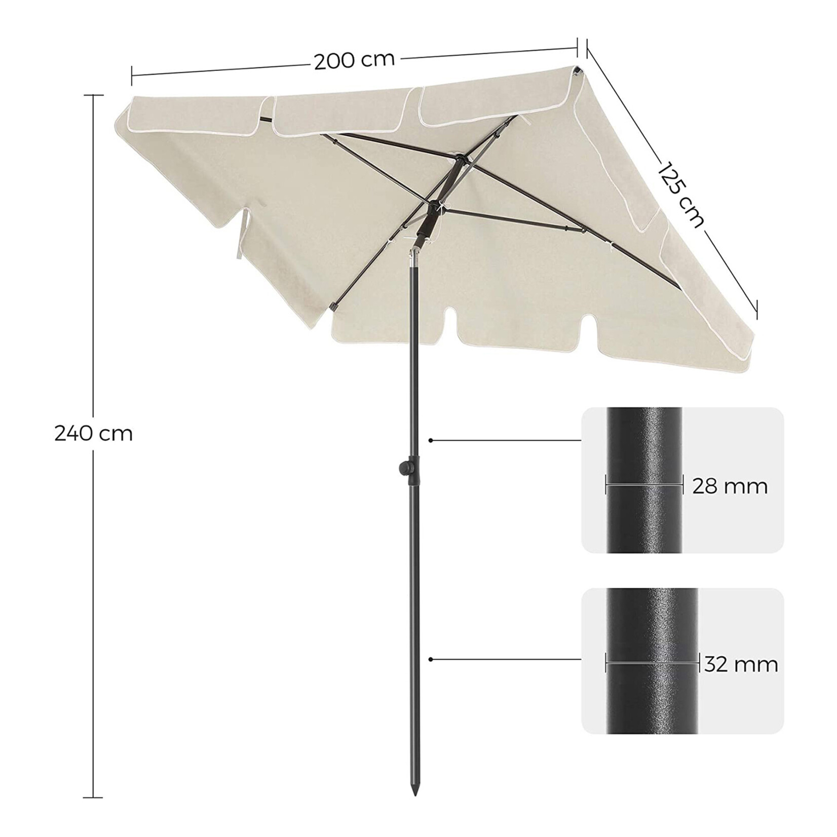Bobbel Home Balcony Parasol - 200 x 125 cm - UPF 50+ UV Protection - Tilt and Height Adjustable - Lightweight - With Carry Bag - Beige