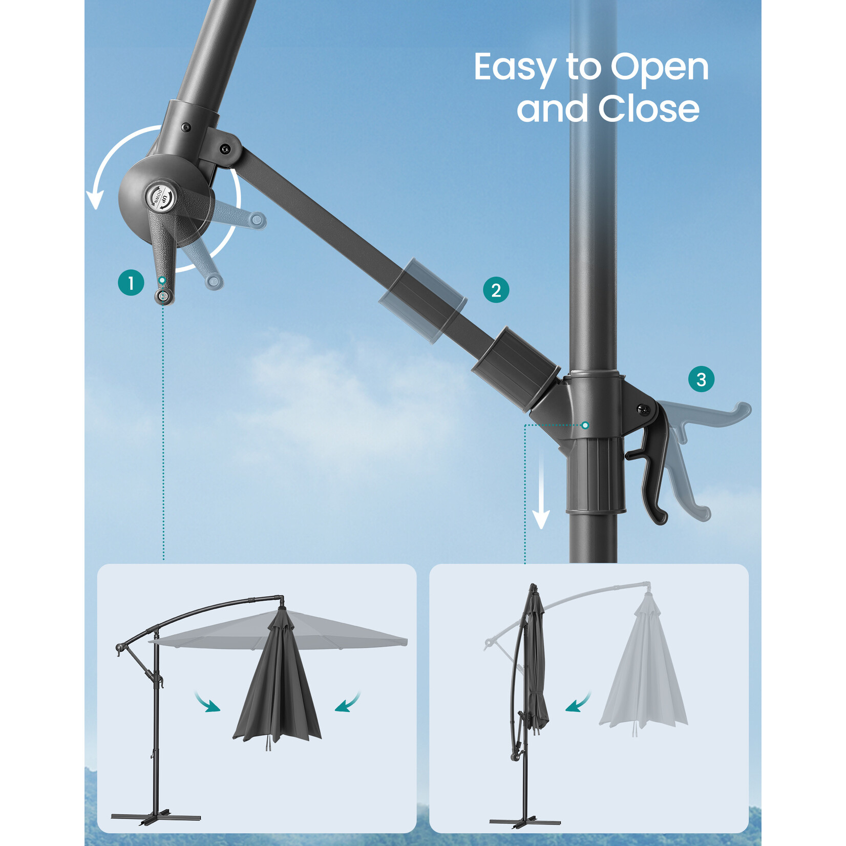 Bobbel Home Bobbel Home Cantilever Parasol - 300 cm - UPF 50+ UV Protection - Crank System - Water Resistant - With Cross Base - Grey