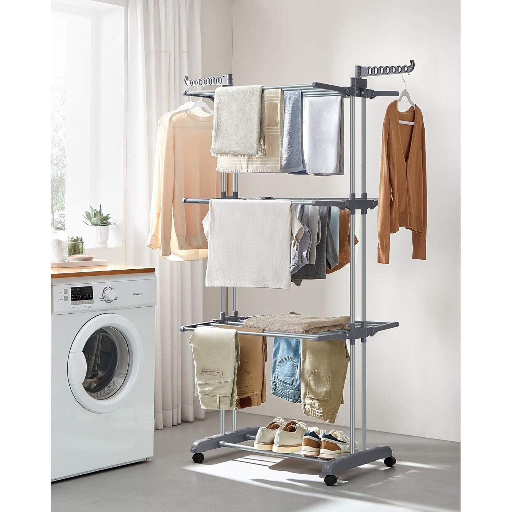 Bobbel Home Droogrek Staand - 4 Etages - Opvouwbaar - Met Wielen en Haken - 35 kg Draagvermogen - Grijs