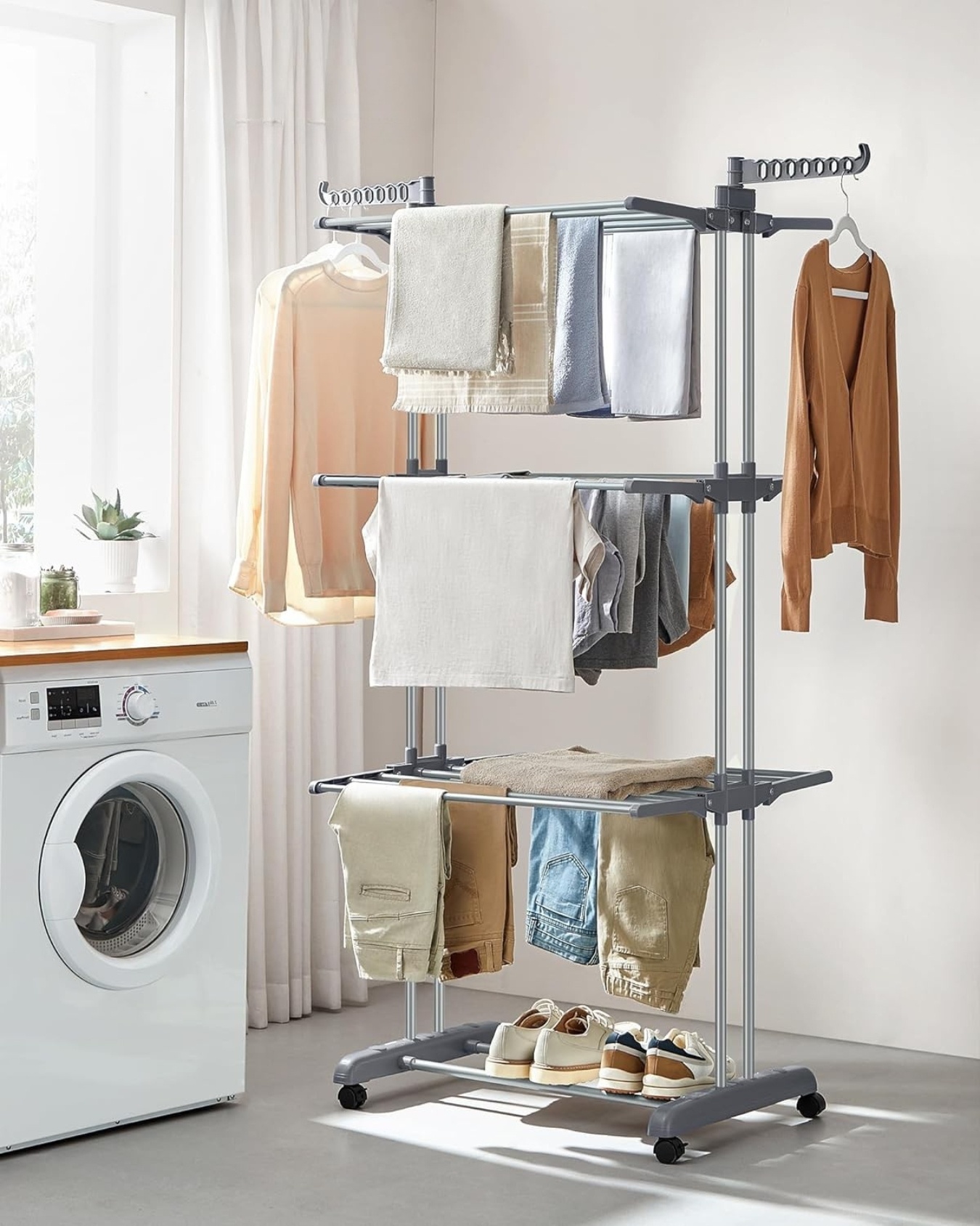 Bobbel Home Droogrek Staand - 4 Etages - Opvouwbaar - Met Wielen en Haken - 35 kg Draagvermogen - Grijs