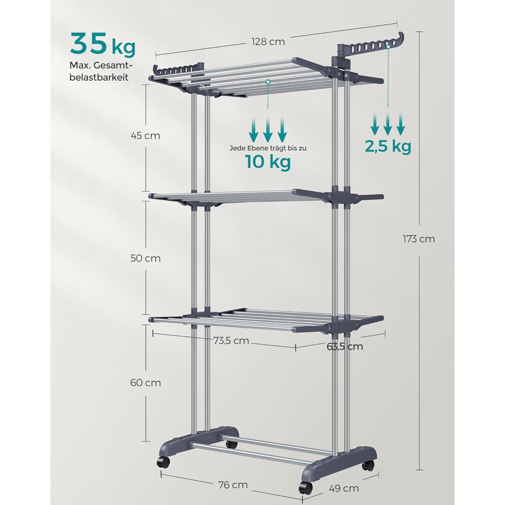 Bobbel Home Bobbel Home Droogrek Staand - 4 Etages - Opvouwbaar - Met Wielen en Haken - 35 kg Draagvermogen - Grijs