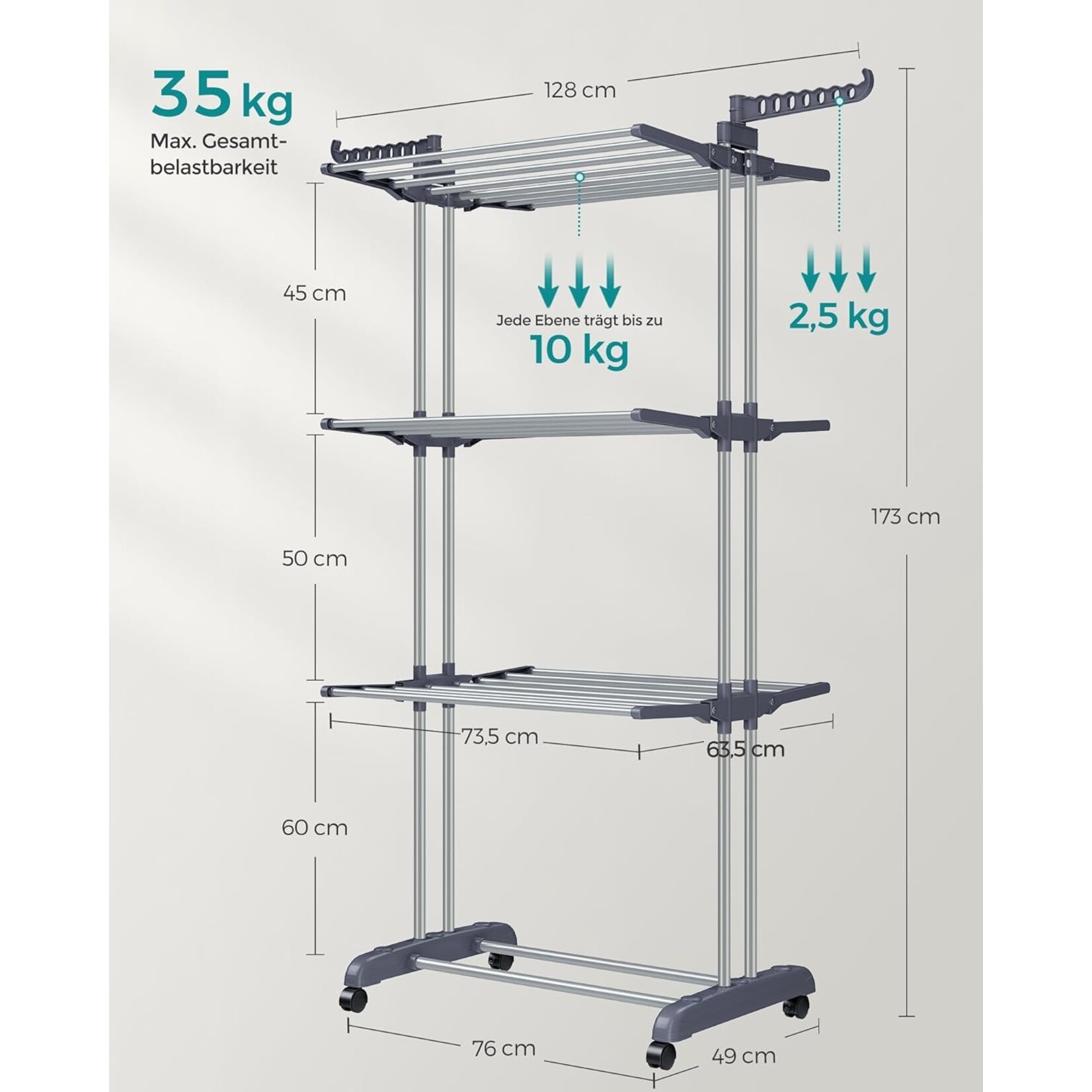 Bobbel Home Clothes Drying Rack - 4 Tier - Foldable - With Wheels and Hooks - 35 kg Capacity - Grey