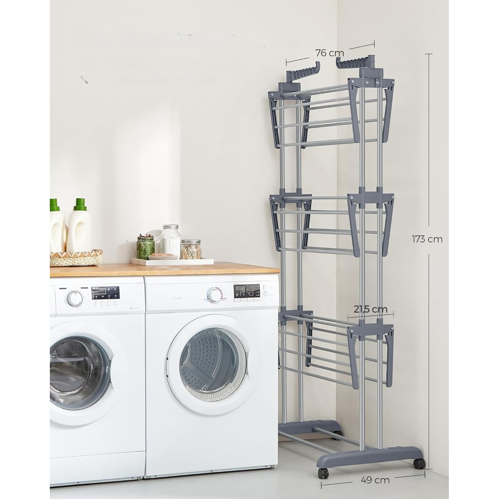 Bobbel Home Droogrek Staand - 4 Etages - Opvouwbaar - Met Wielen en Haken - 35 kg Draagvermogen - Grijs
