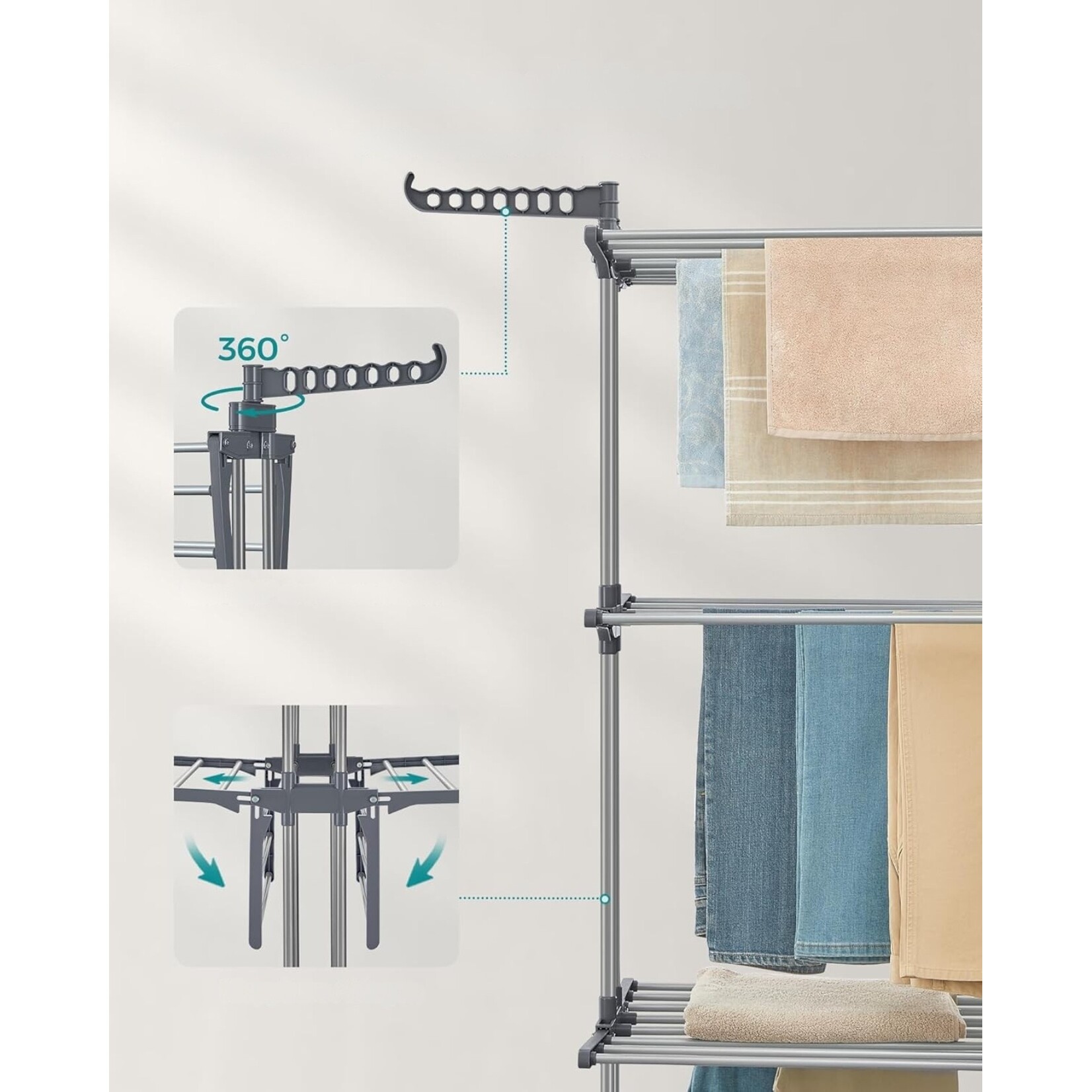 Bobbel Home Clothes Drying Rack - 4 Tier - Foldable - With Wheels and Hooks - 35 kg Capacity - Grey