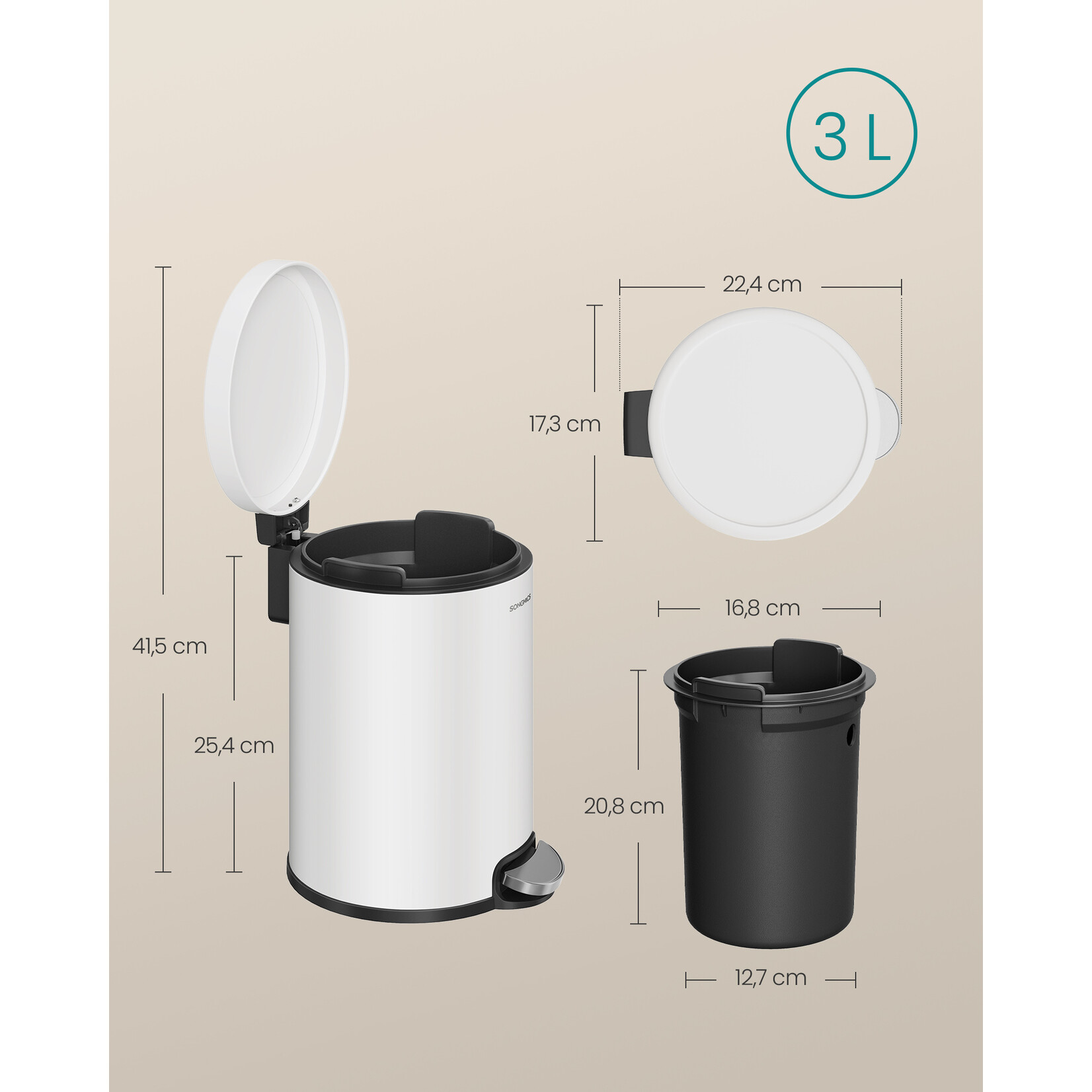 Bobbel Home Bathroom Pedal Bin - 3L - Soft Close - With Inner Bucket - Compact - Steel - White