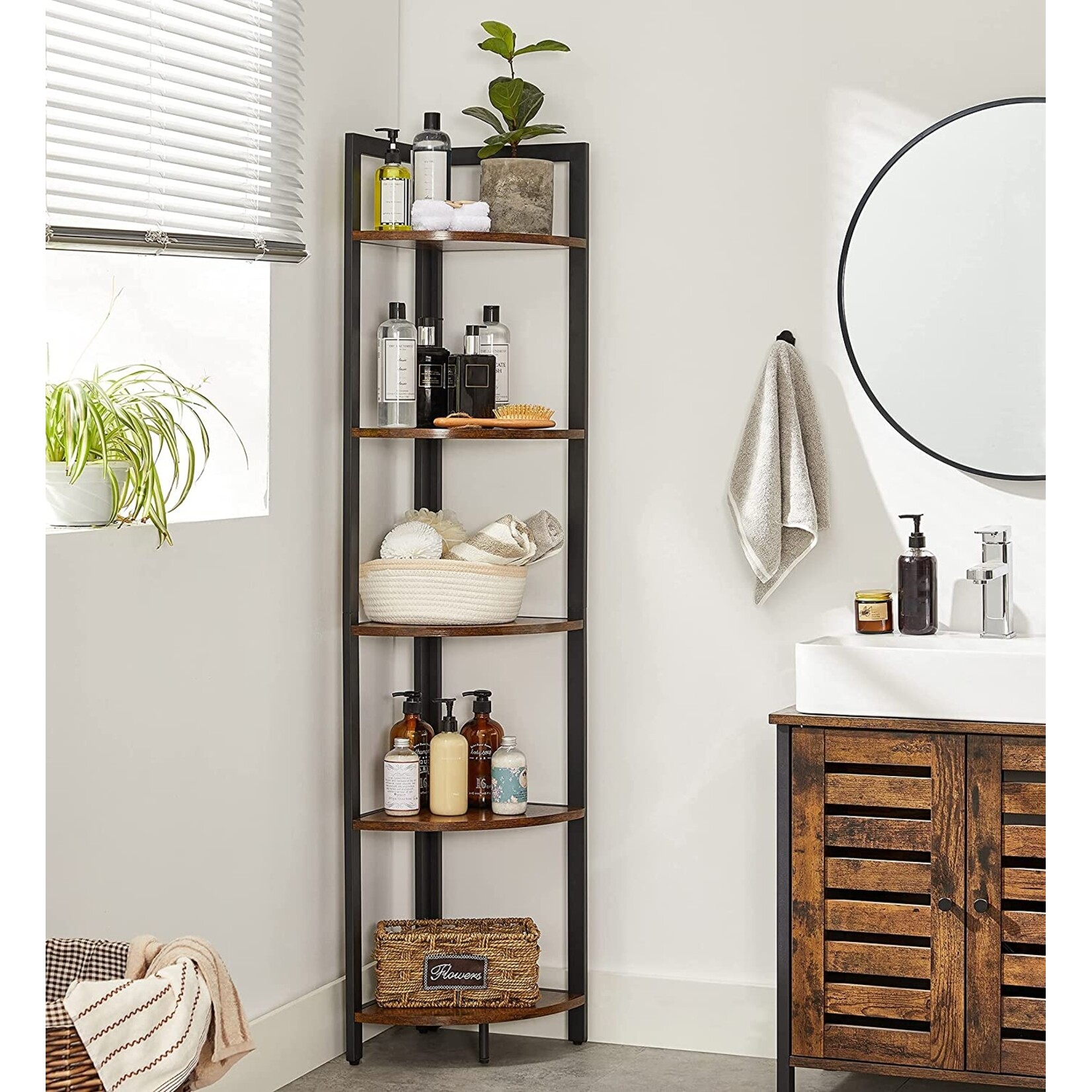 Bobbel Home Bobbel Home Hoekkast Industrieel - 5 Planken - Hoekrek Metaal en Hout - 150 cm - Zwart Bruin