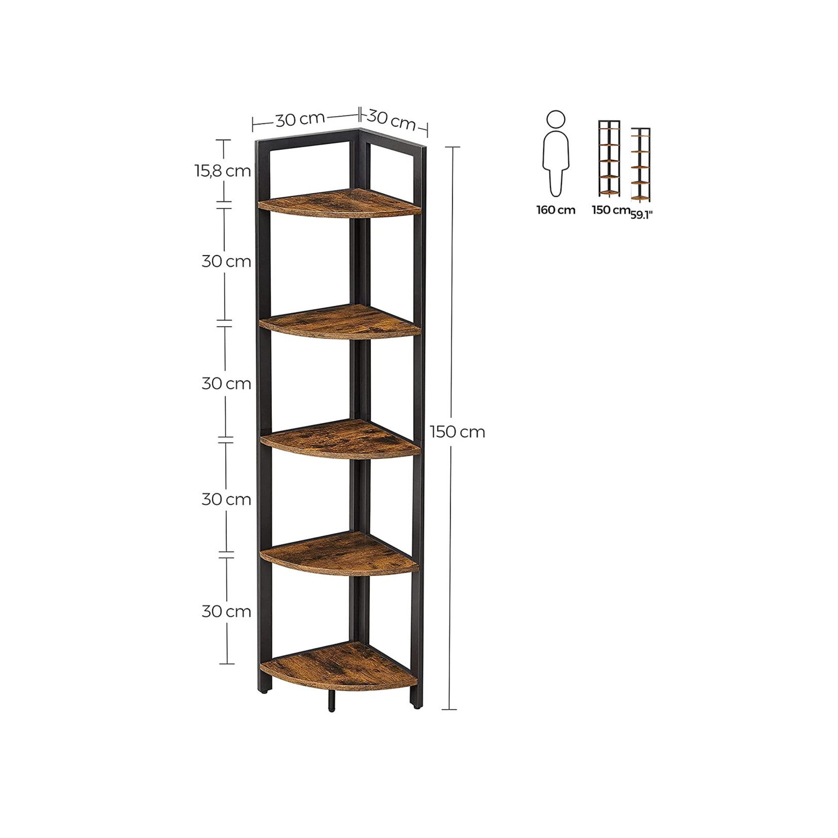 Bobbel Home Bobbel Home Hoekkast Industrieel - 5 Planken - Hoekrek Metaal en Hout - 150 cm - Zwart Bruin