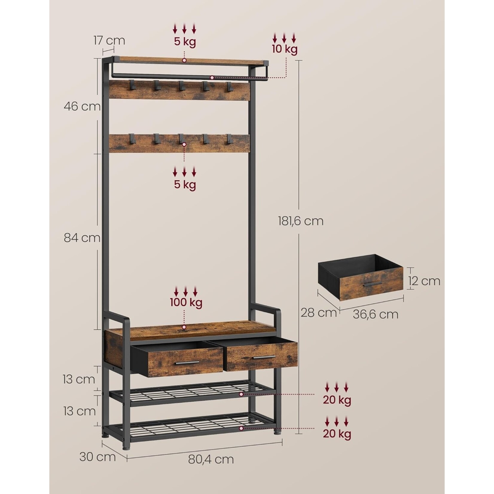 Bobbel Home Bobbel Home Coat Rack with Shoe Cabinet and Bench 4-in-1 Industrial Design