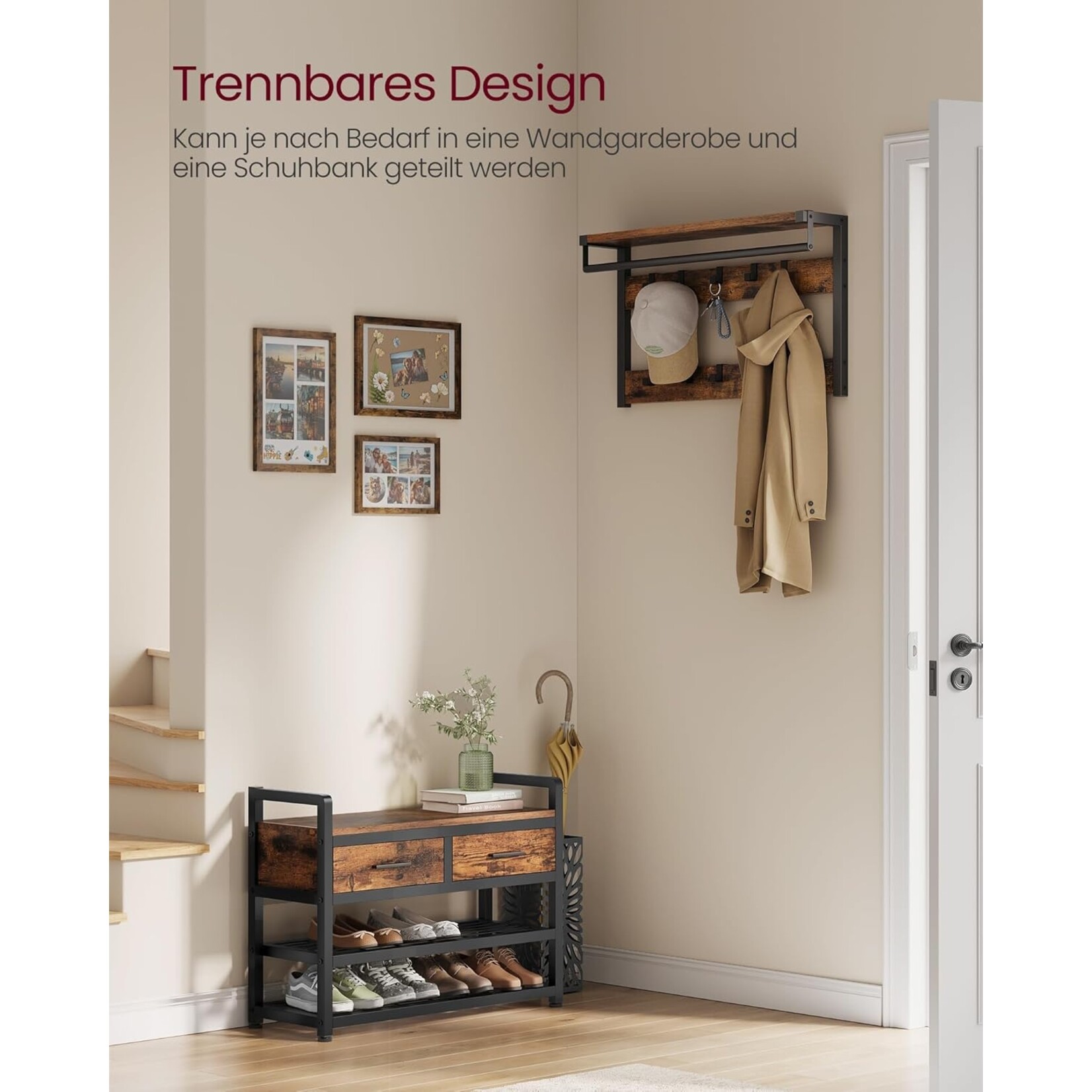 Bobbel Home Bobbel Home Coat Rack with Shoe Cabinet and Bench 4-in-1 Industrial Design