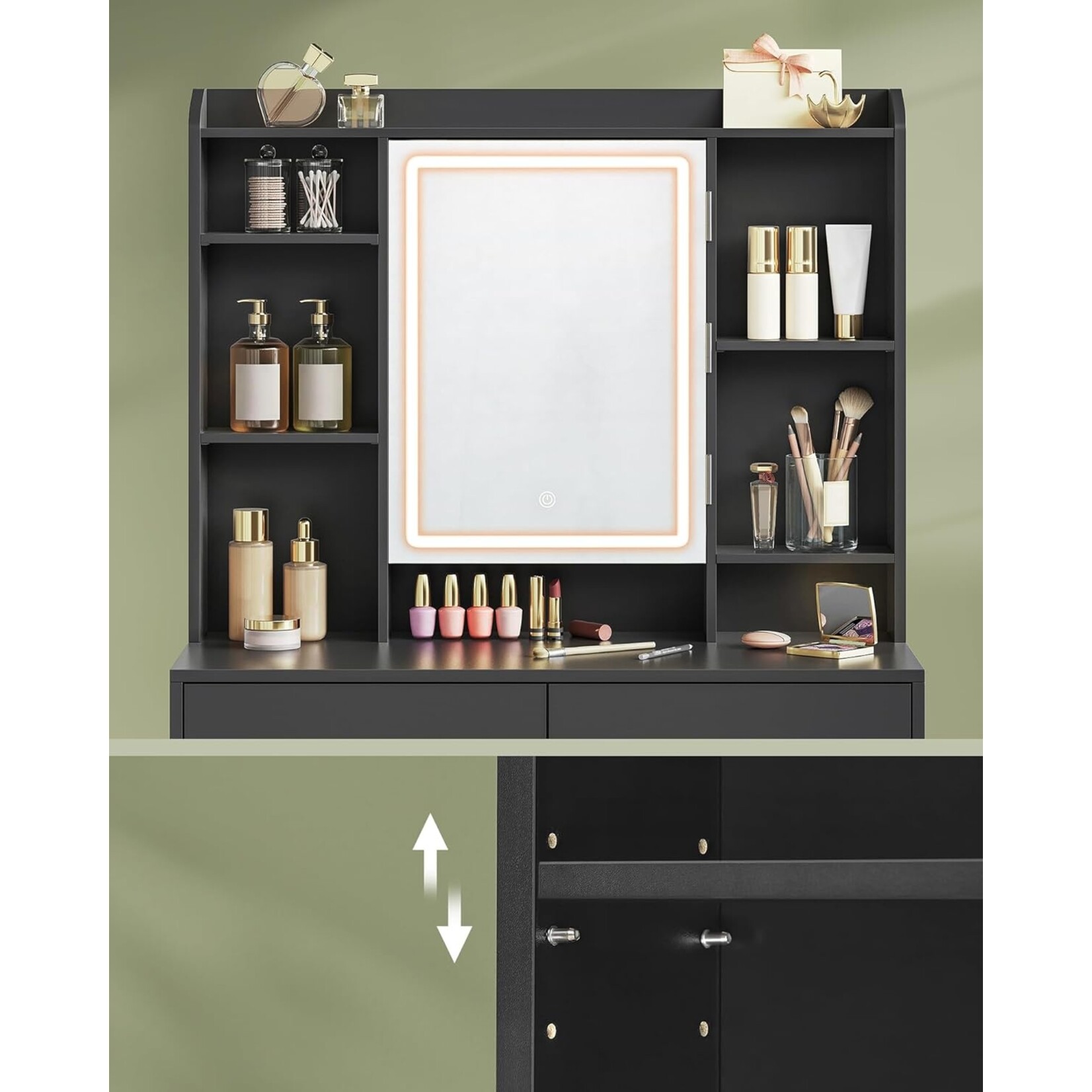 Bobbel Home Black vanity table with mirror and LED lights, dimmable, 3 lighting modes, modern makeup desk with drawers