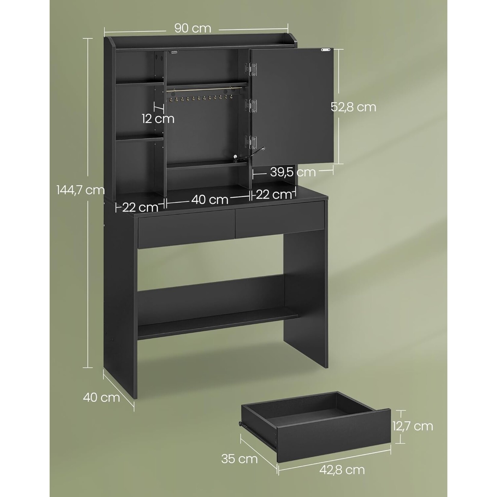 Bobbel Home Black vanity table with mirror and LED lights, dimmable, 3 lighting modes, modern makeup desk with drawers