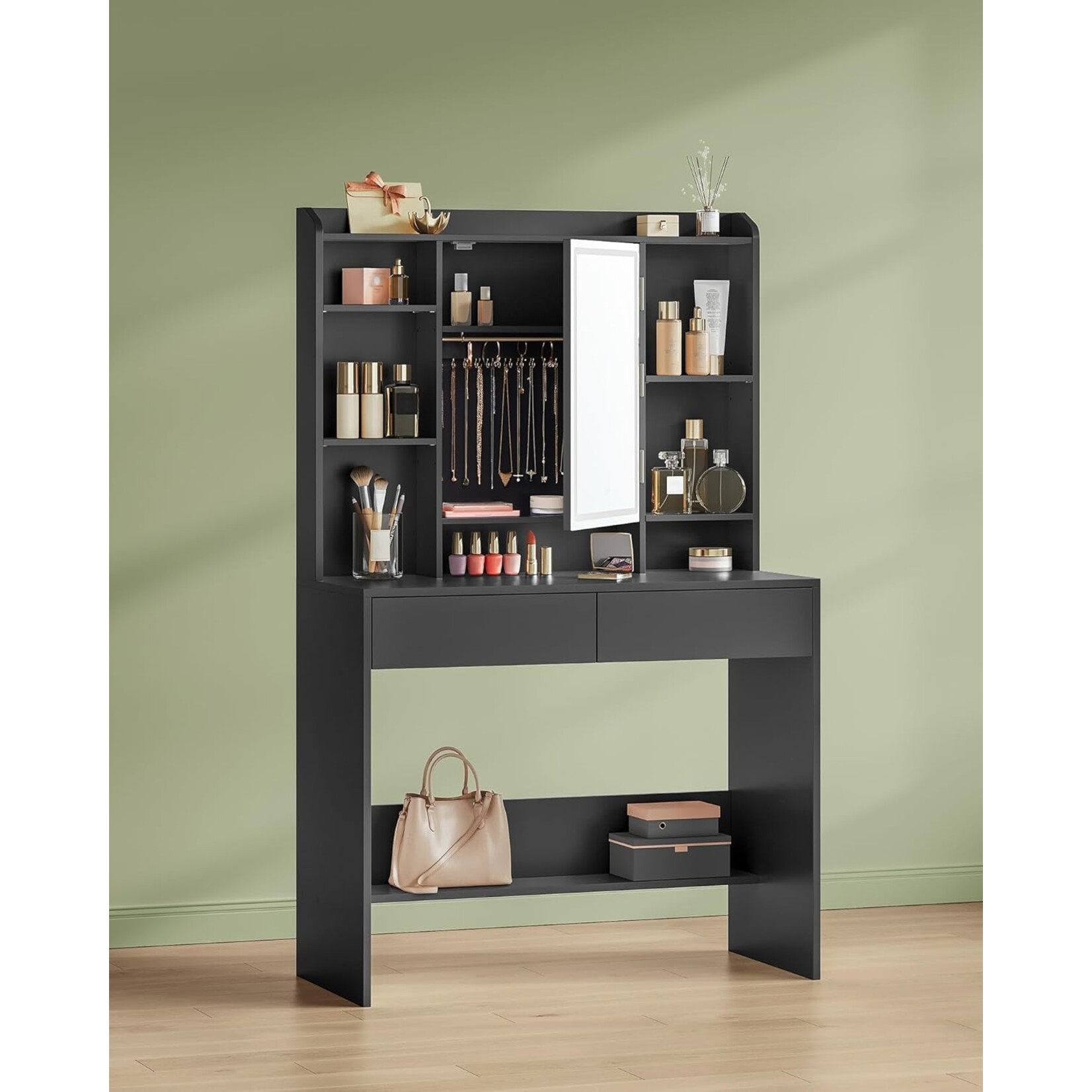 Bobbel Home Black vanity table with mirror and LED lights, dimmable, 3 lighting modes, modern makeup desk with drawers