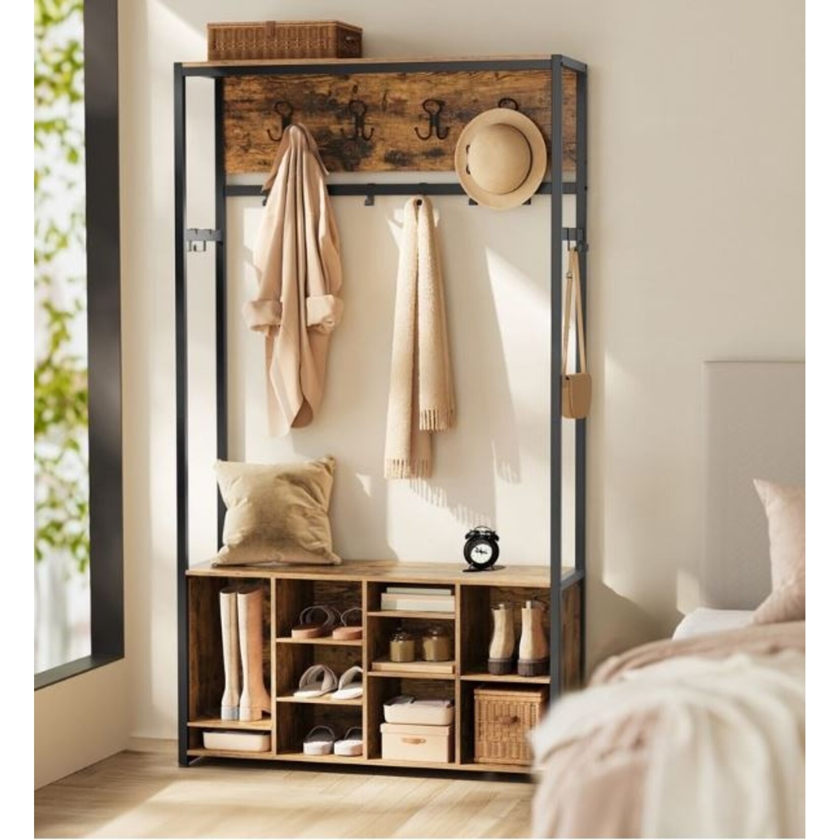 Bobbel Home Kapstok met Bank - Halmeubel 4 in 1 - Met Schoenenrek en Haken - Industrieel Design - Bruin Zwart