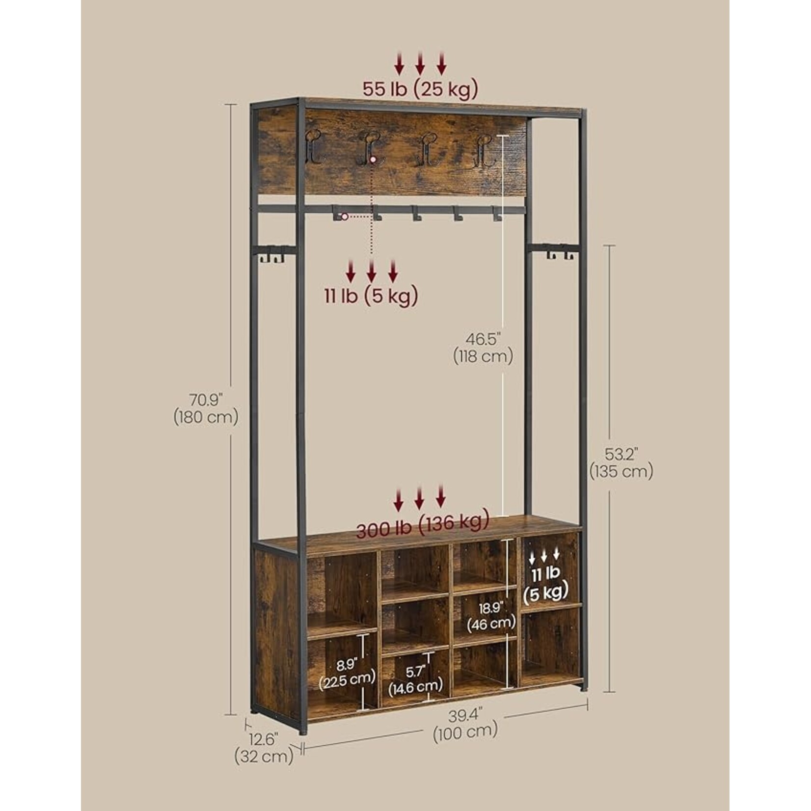 Bobbel Home Kapstok met Bank - Halmeubel 4 in 1 - Met Schoenenrek en Haken - Industrieel Design - Bruin Zwart