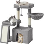 Cat scratching post with vertical posts and a railing, 2 large platforms, a cage, a basket, 85.8 cm tall, dove gray