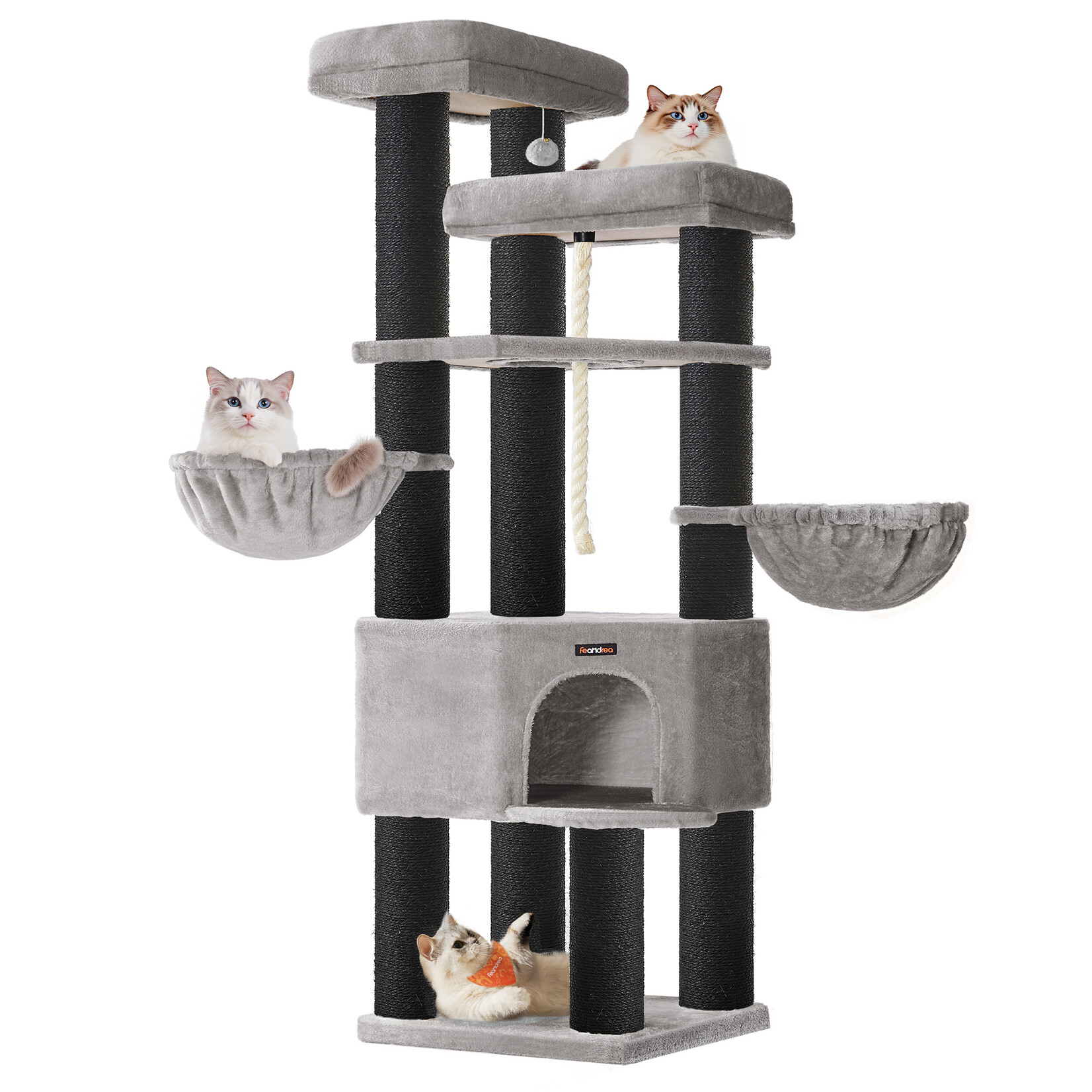 Multi-Tier Cat Tree with Sisal Scratching Posts and Deckchair-Style Loungers – Plush Covered, Sturdy Frame, Anti-Tip Kit, Grey