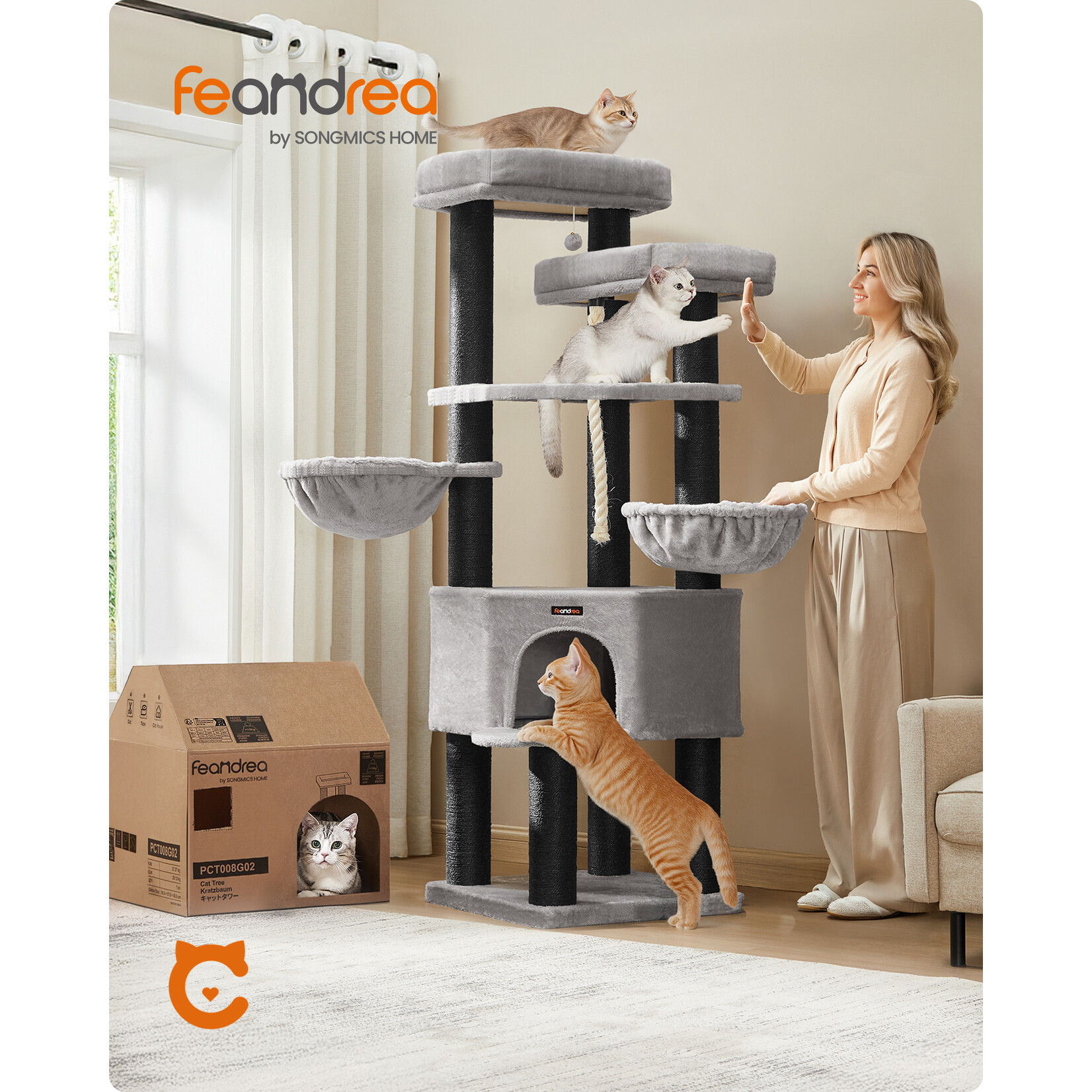 Multi-Tier Cat Tree with Sisal Scratching Posts and Deckchair-Style Loungers – Plush Covered, Sturdy Frame, Anti-Tip Kit, Grey