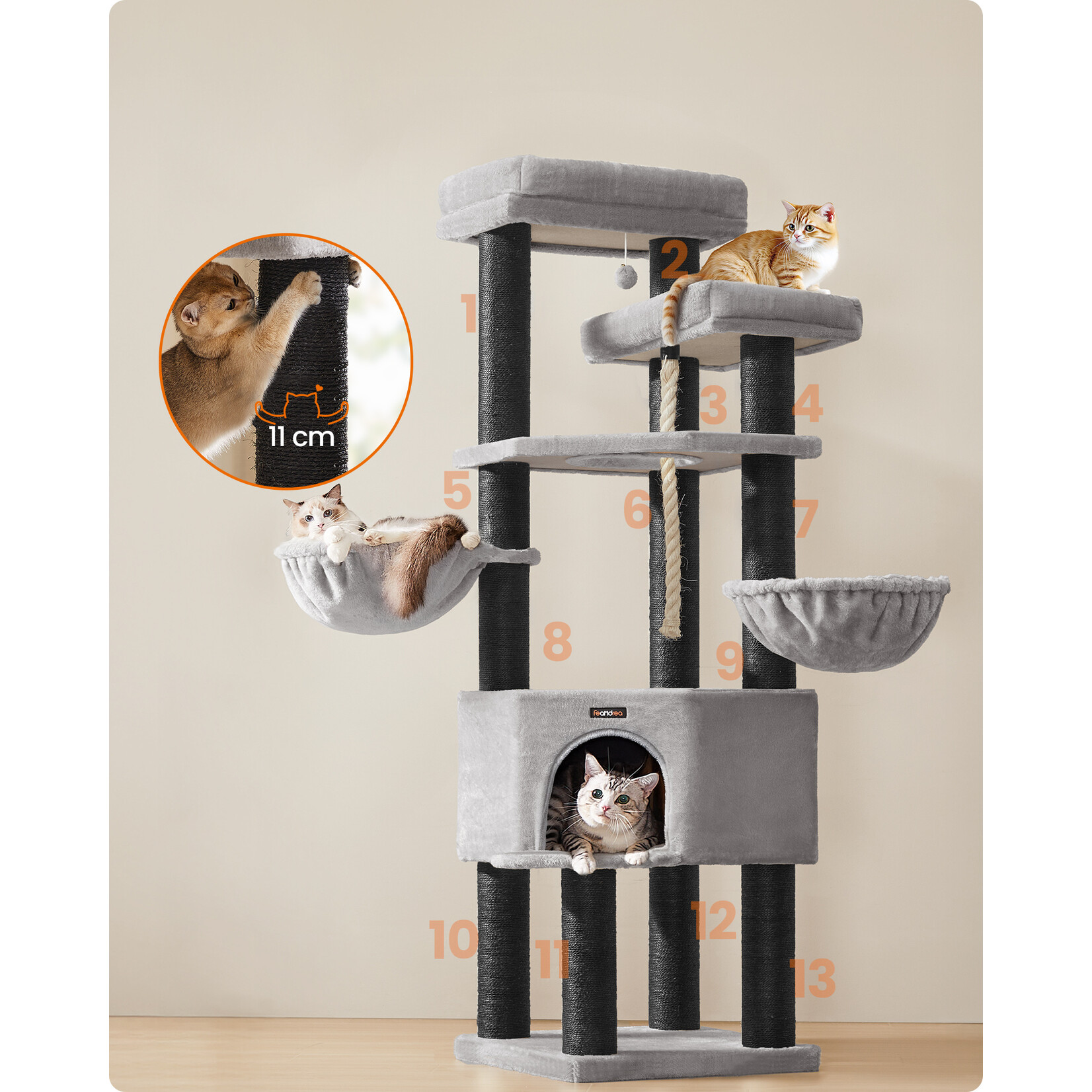 Multi-Tier Cat Tree with Sisal Scratching Posts and Deckchair-Style Loungers – Plush Covered, Sturdy Frame, Anti-Tip Kit, Grey