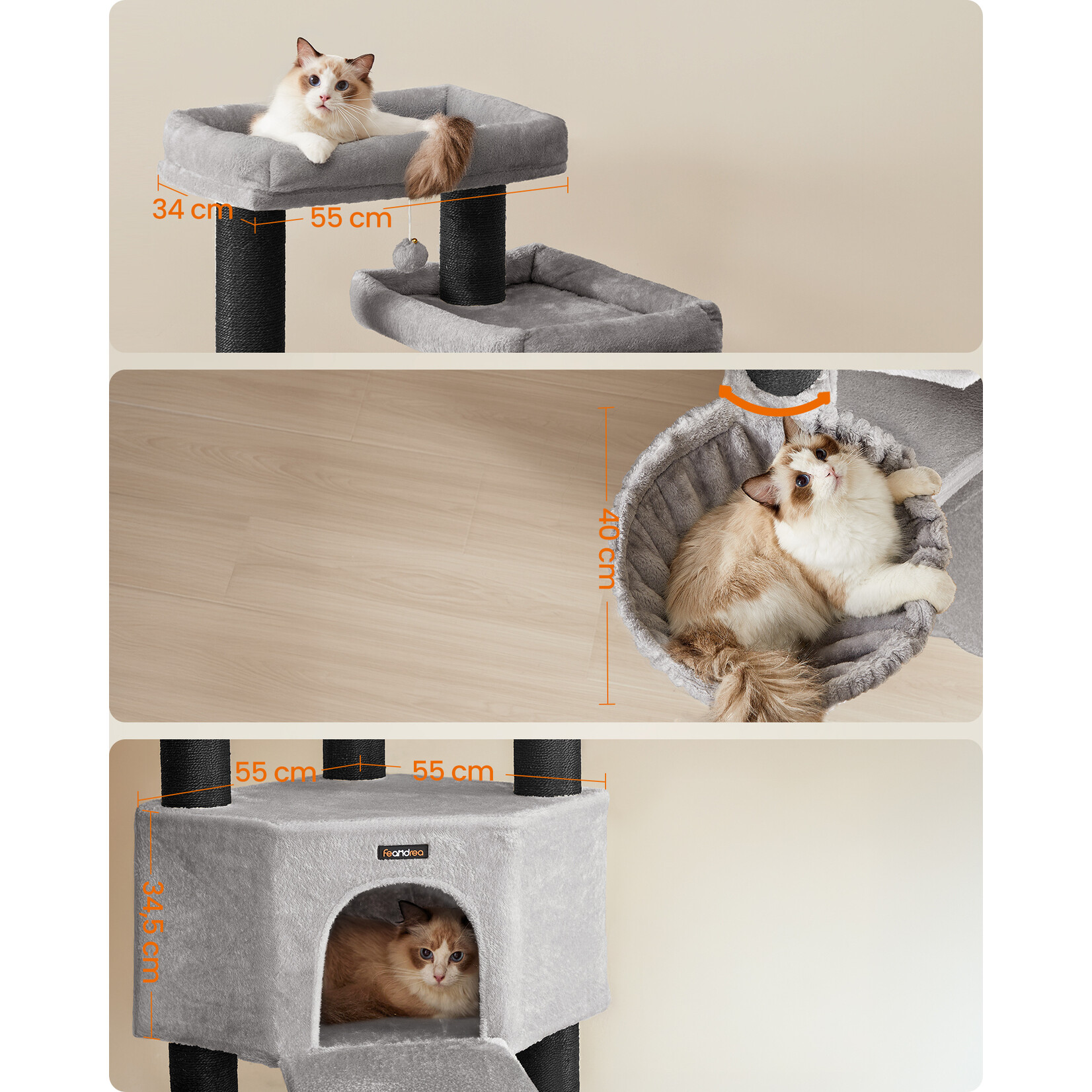 Krabpaal kattenboom meerdere niveaus met sisal krabpalen en ligbedjes in ligstoel-stijl – pluche bekleding, stabiel frame, antikanteling, grijsvoor katten, met krabpalen en leuning, 2 grote platforms, hok, mand, 85,8 cm hoog, duifgrijs - Copy