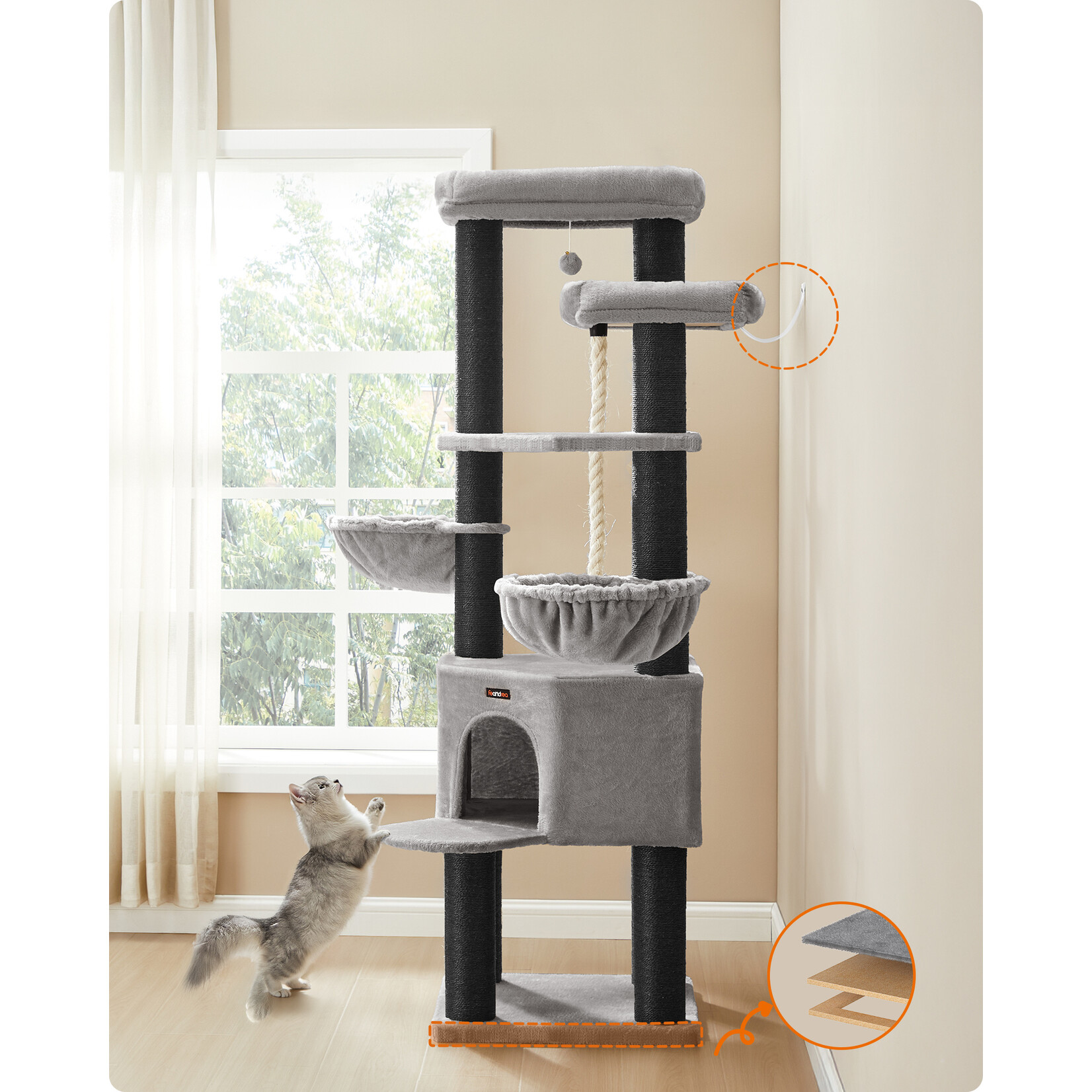 Krabpaal kattenboom meerdere niveaus met sisal krabpalen en ligbedjes in ligstoel-stijl – pluche bekleding, stabiel frame, antikanteling, grijsvoor katten, met krabpalen en leuning, 2 grote platforms, hok, mand, 85,8 cm hoog, duifgrijs - Copy