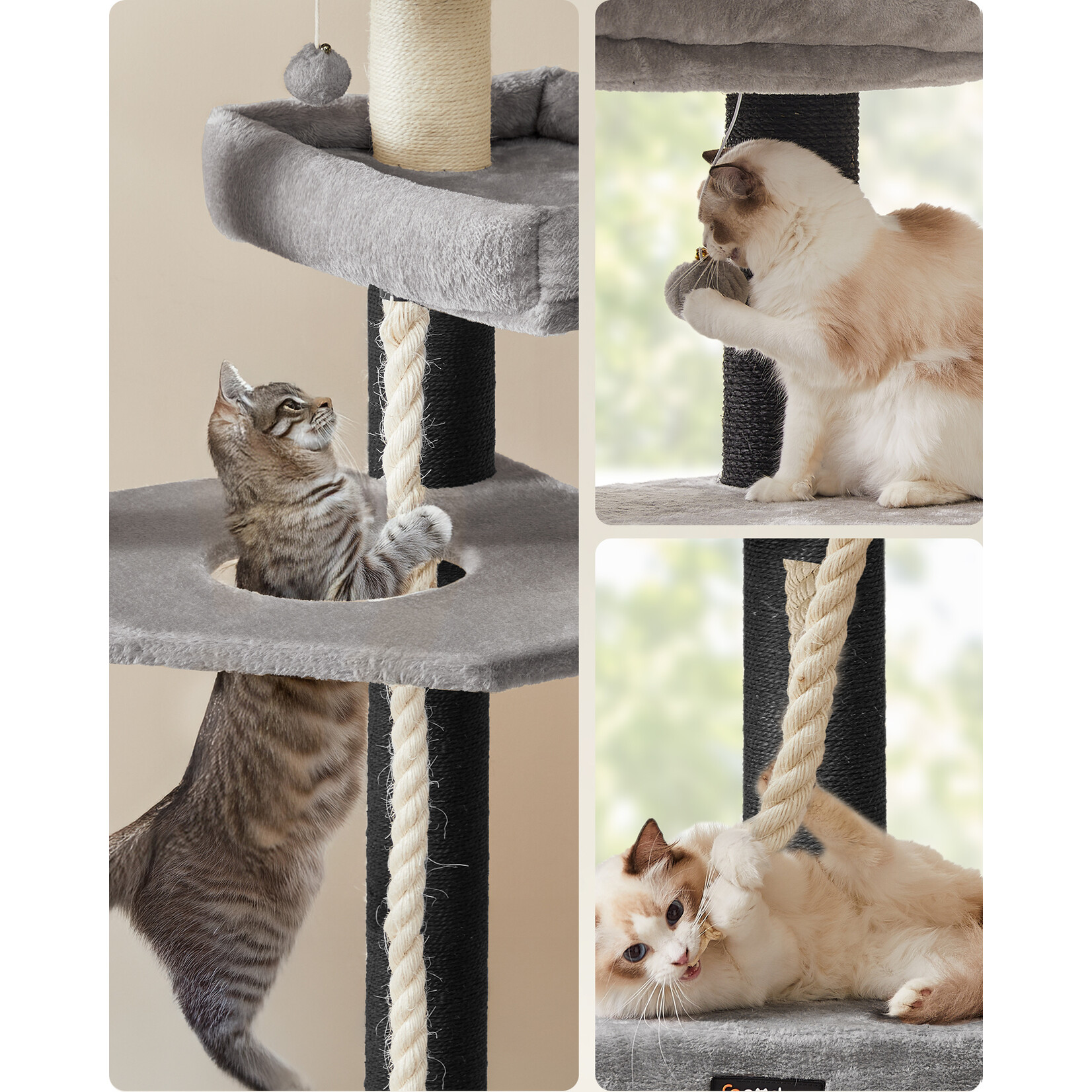 Multi-Tier Cat Tree with Sisal Scratching Posts and Deckchair-Style Loungers – Plush Covered, Sturdy Frame, Anti-Tip Kit, Grey
